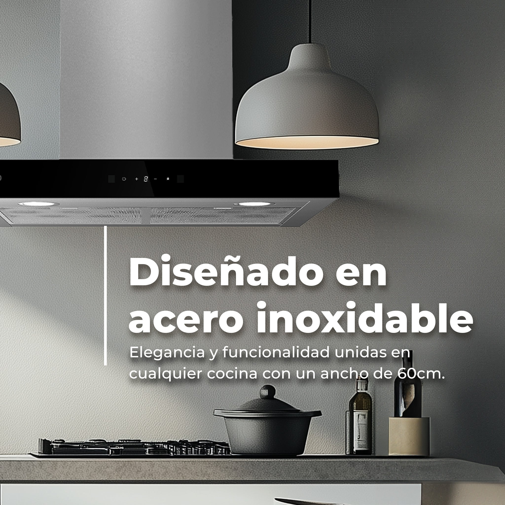 Moderna campana extractora de acero inoxidable sobre placa en cocina minimalista.
