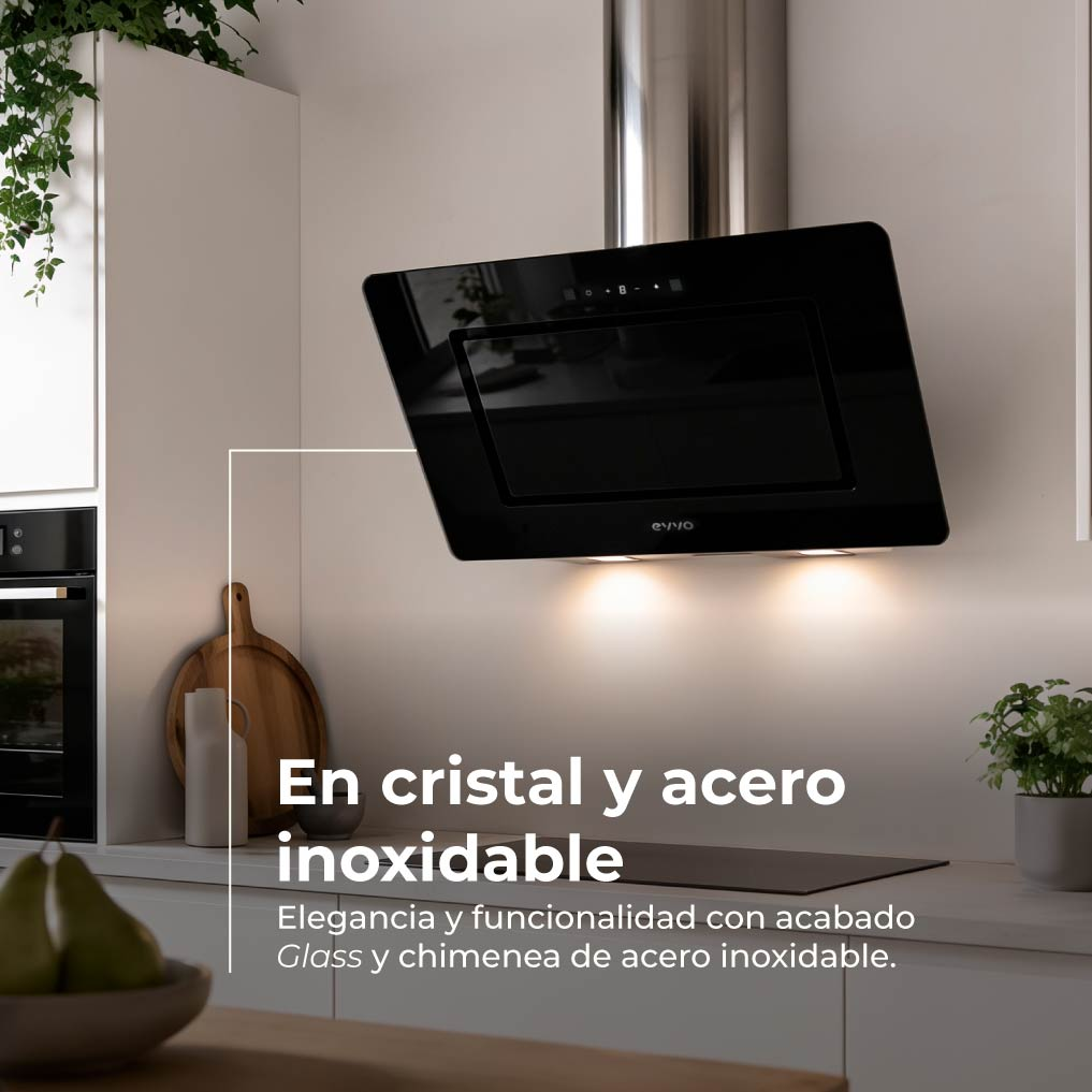 Moderna campana extractora de vidrio negro con chimenea de acero inoxidable.