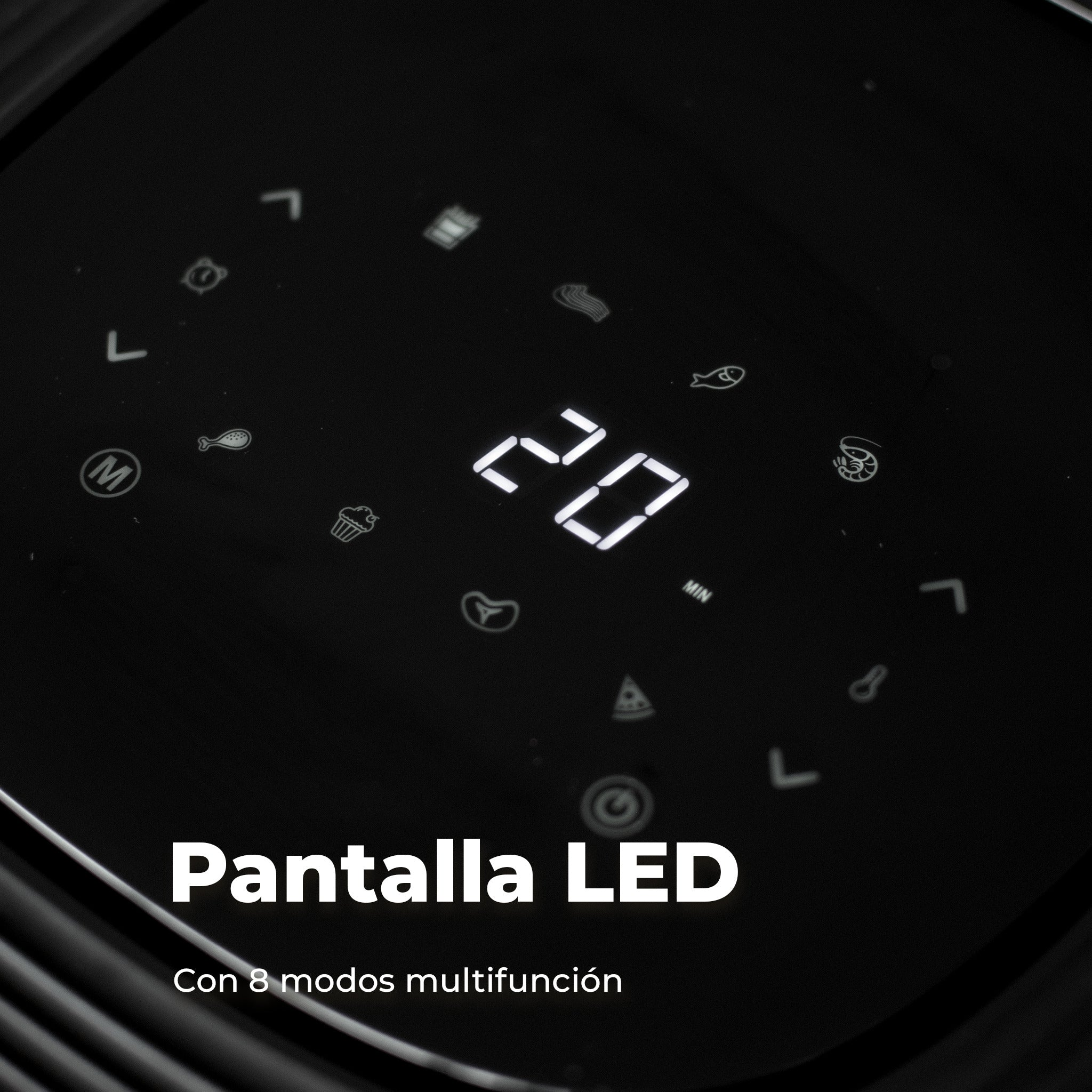 Pantalla LED de un dispositivo con iconos iluminados y el número 20 en el centro.