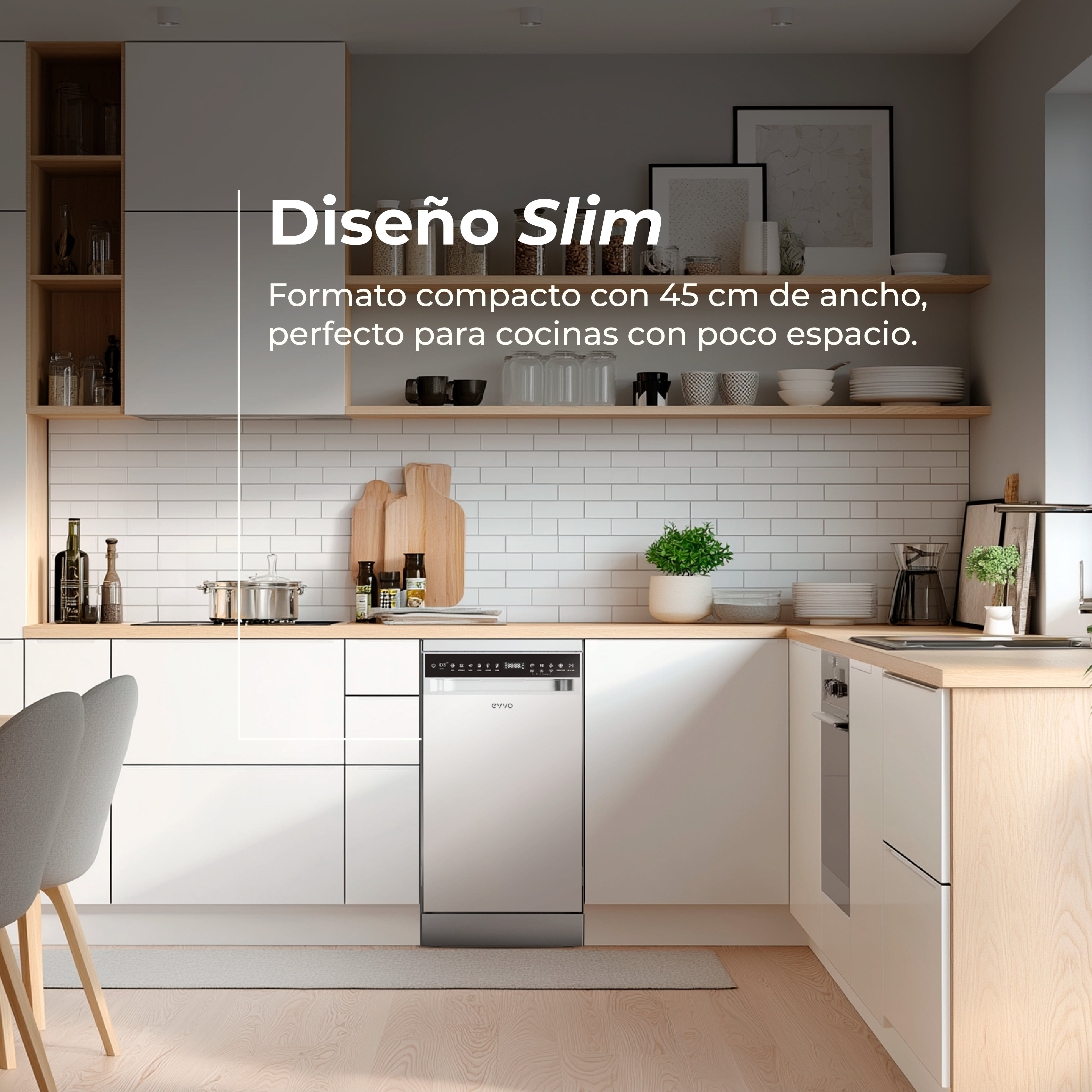 Cocina moderna con lavavajillas plateado estrecho, armarios blancos y encimeras de madera.