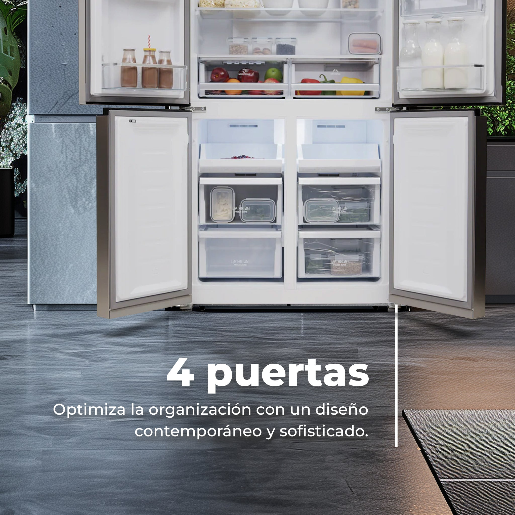 Un refrigerador abierto de cuatro puertas con estantes y cajones llenos, iluminado y sobre un fondo gris.