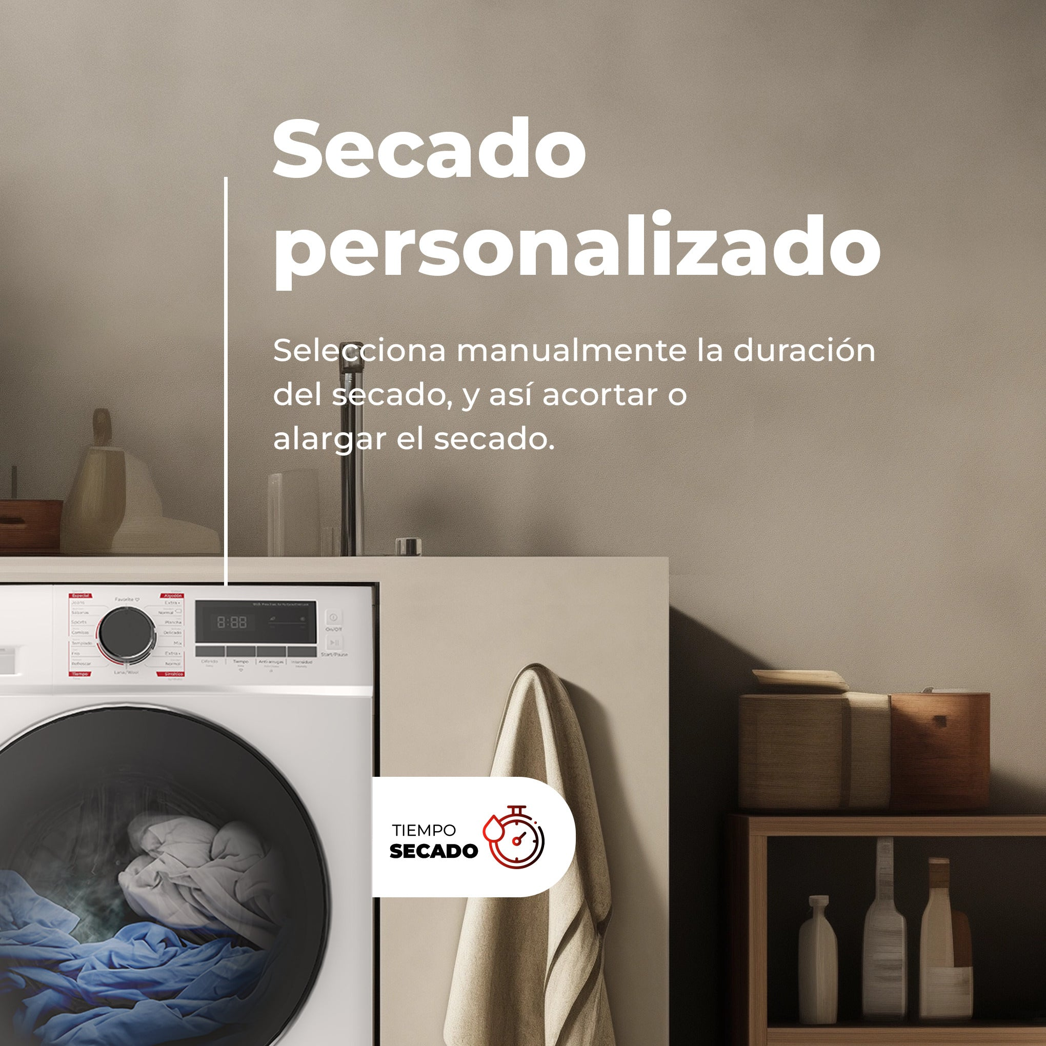 Lavadora con texto sobre secado personalizado frente a una pared.