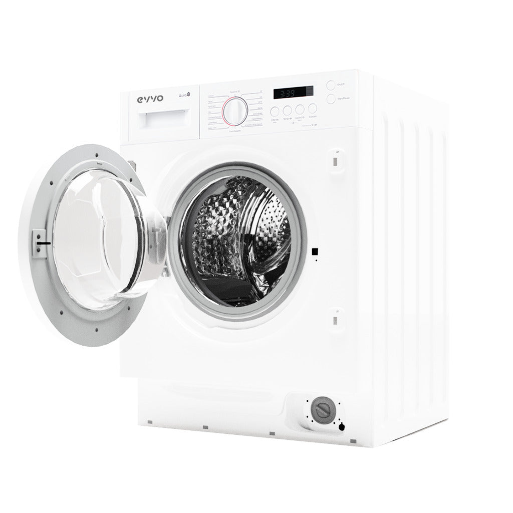 Una lavadora blanca de carga frontal con la puerta de cristal abierta, mostrando el tambor de acero inoxidable.