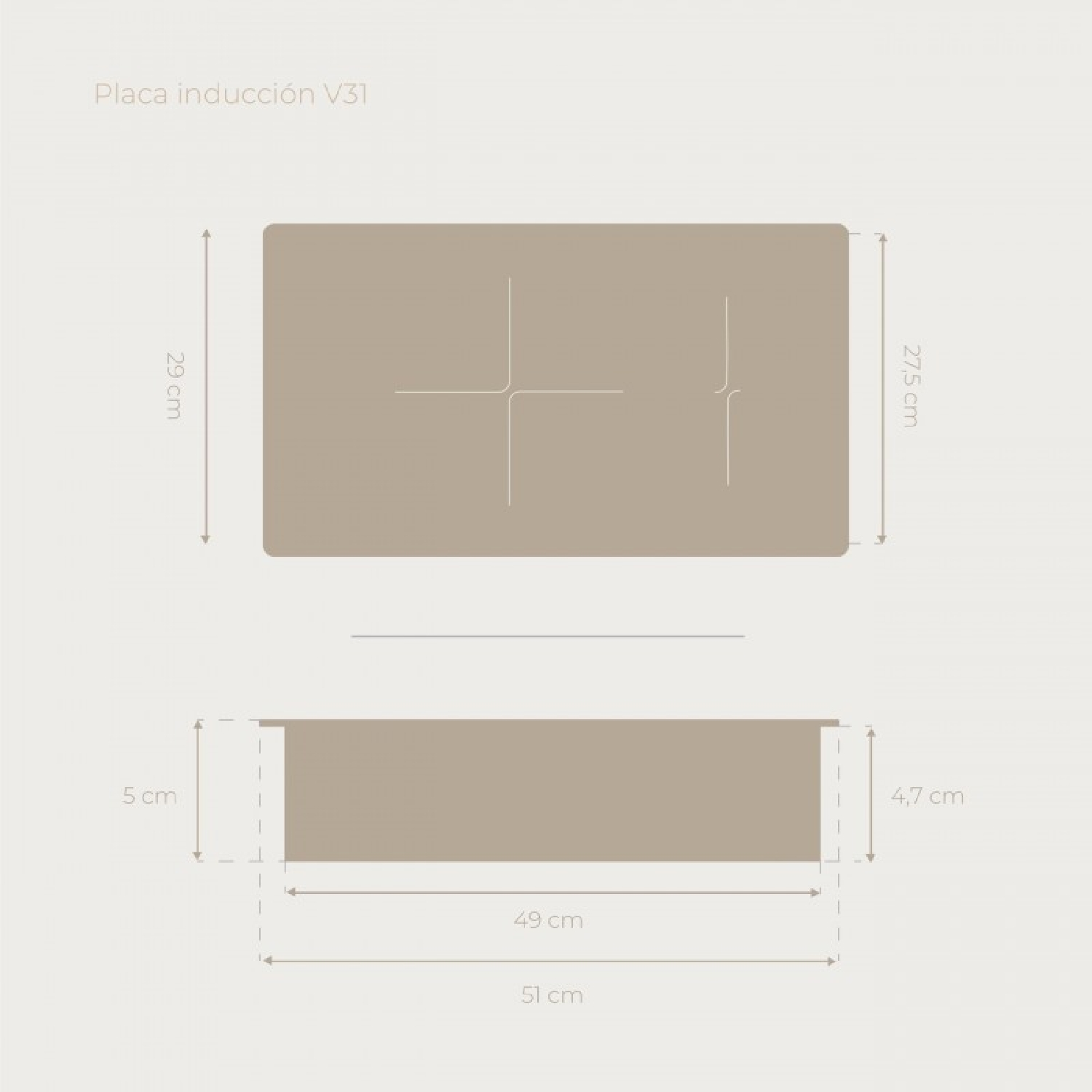 Disegno tecnico del piano cottura a induzione V31 che mostra viste dall'alto e laterali con misure.