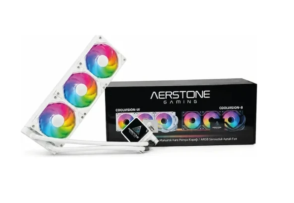 RGB fanlı beyaz Aerstone Gaming CPU sıvı soğutucusu, siyah kutusuyla birlikte beyaz arka planda sergileniyor.