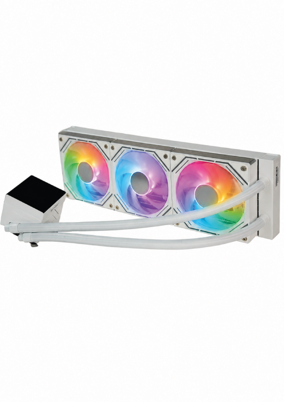 Üç RGB fanlı ve pompa bloğuna bağlı iki hortumlu beyaz bir CPU sıvı soğutucusu.