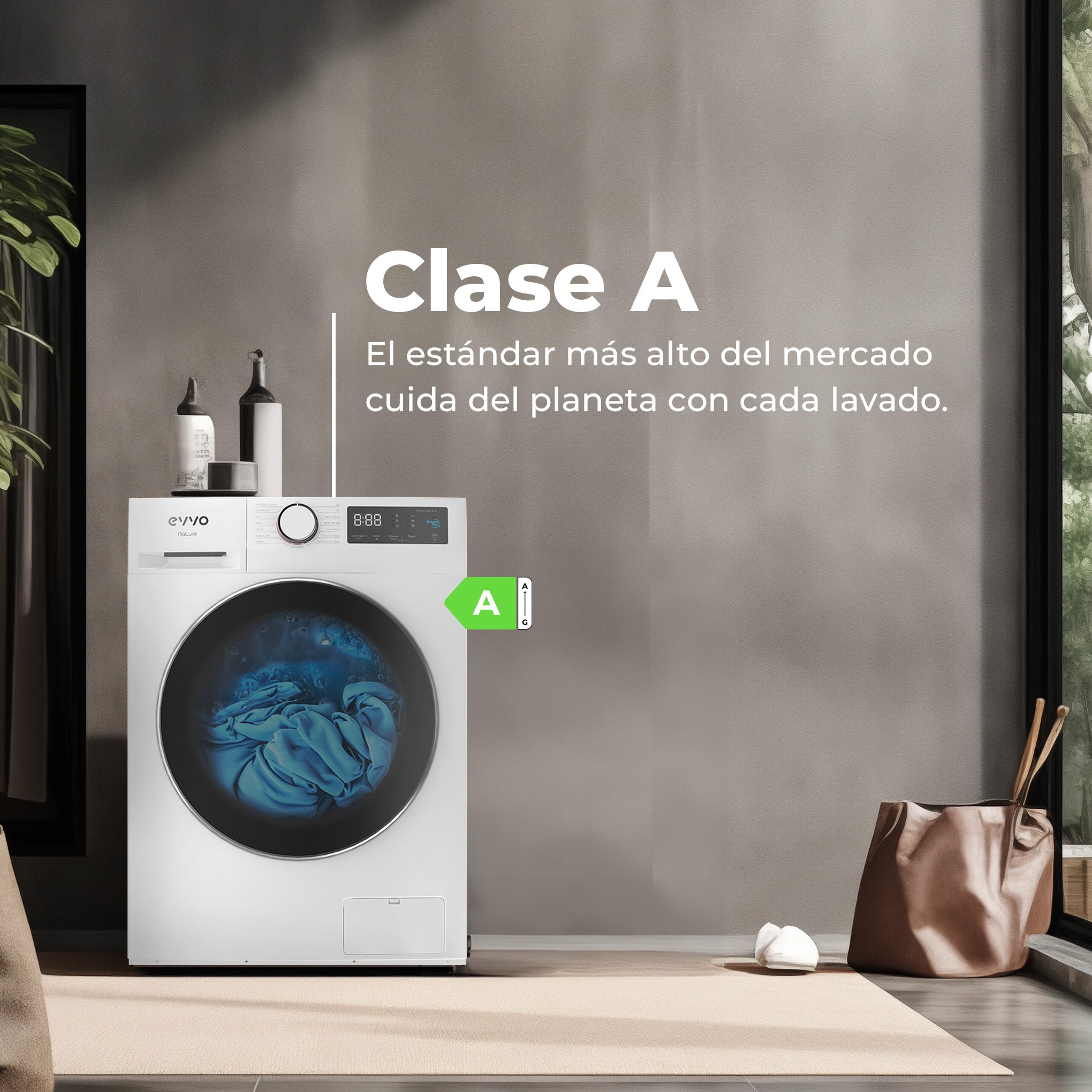 Una lavadora blanca en una habitación con texto promocional en español y etiqueta energética A.