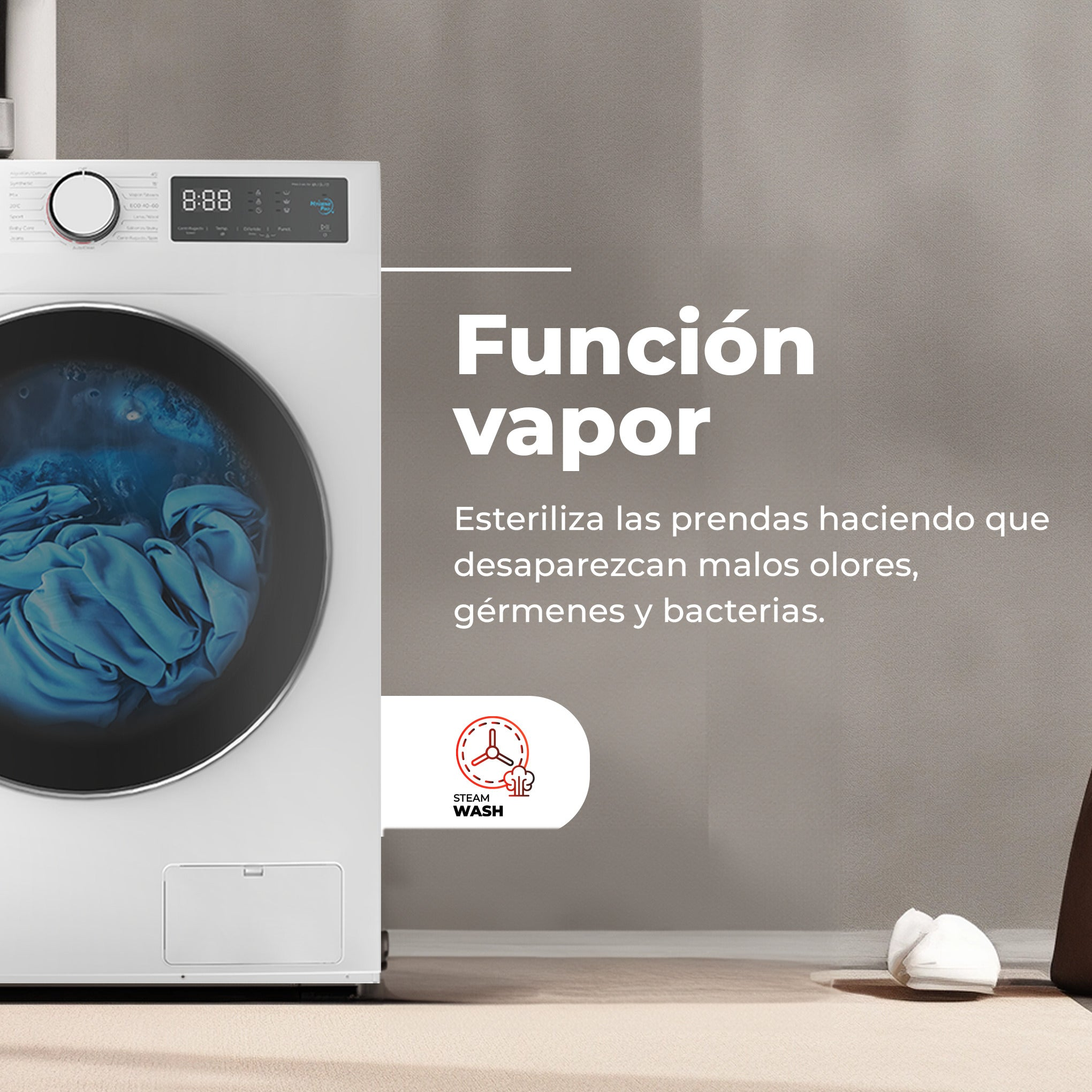 Lavadora blanca con ropa azul dentro. Texto en español e icono de lavado a vapor.