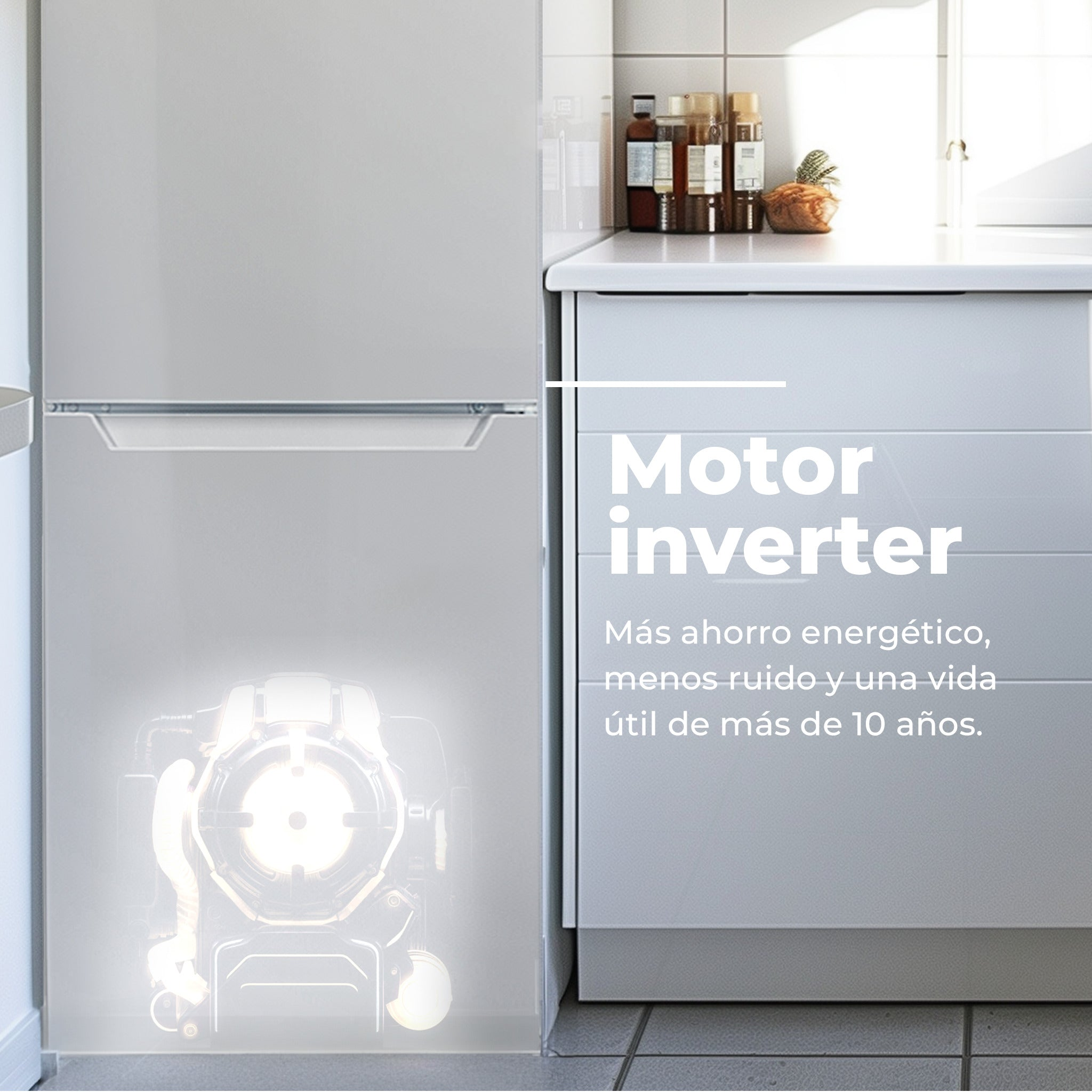 Cocina moderna con frigorífico y motor inverter iluminado en la parte inferior.