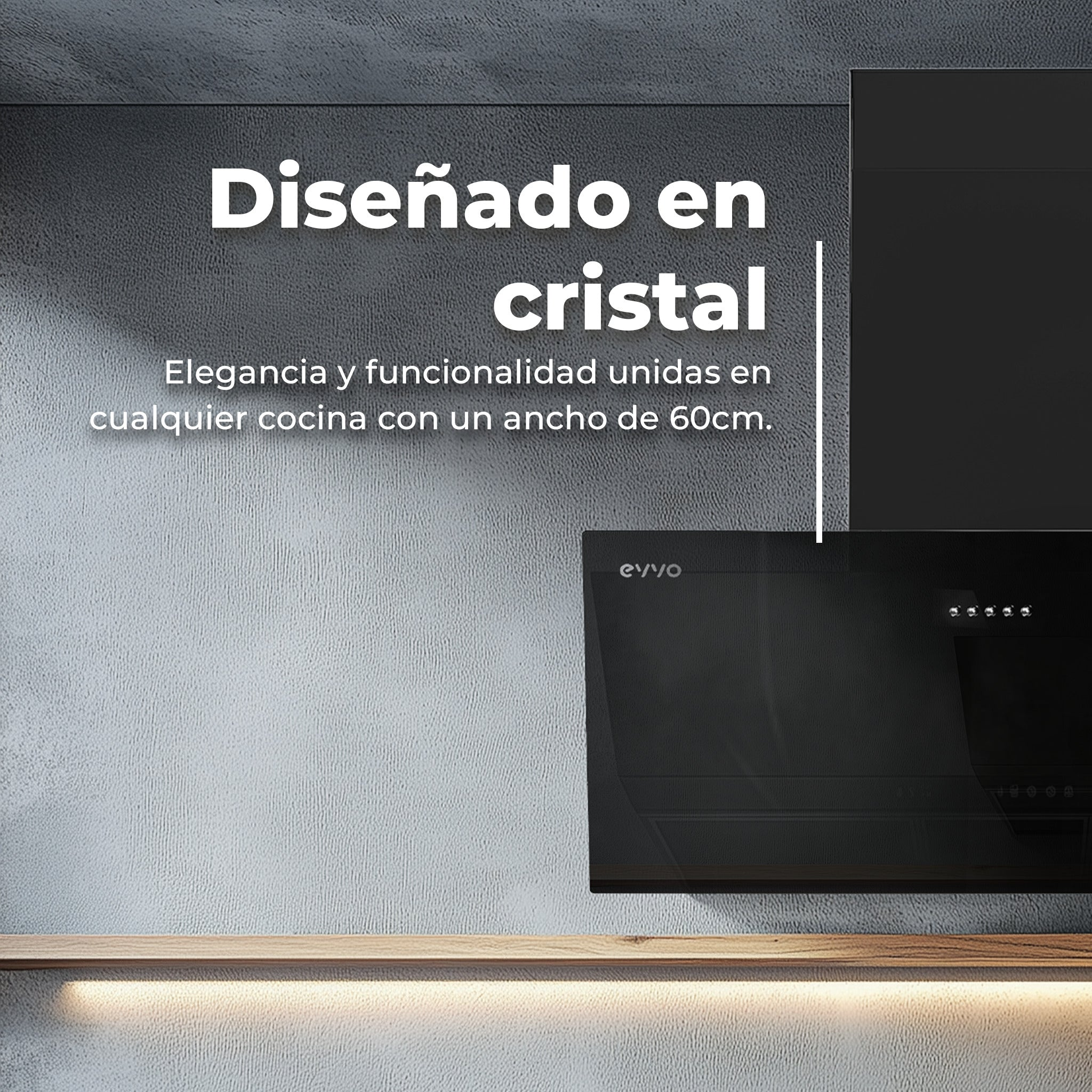 Campana extractora de cristal negro sobre balda de madera con iluminación ante pared gris, con texto en español.