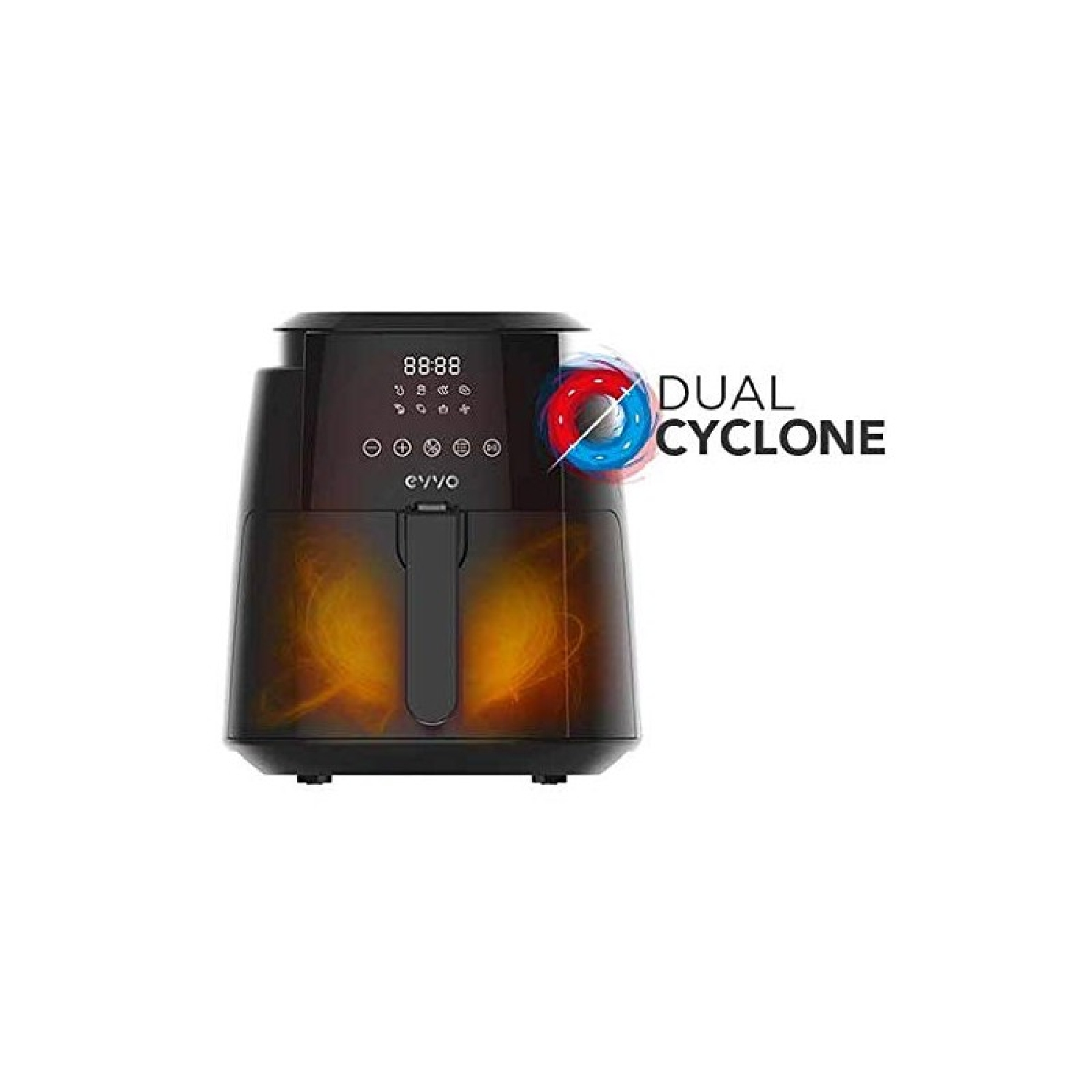 Freidora de aire negra con pantalla digital, asa y gráfico de tecnología Dual Cyclone.
