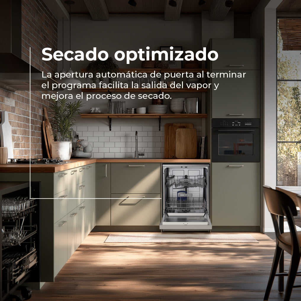 Moderna cocina verde con lavavajillas abierto y texto superpuesto.
