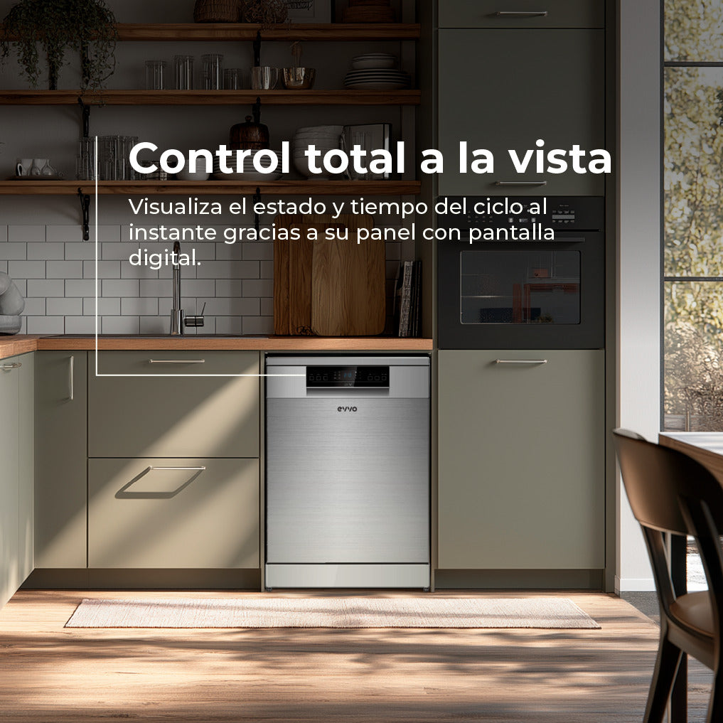 Cocina moderna con lavavajillas de acero inoxidable y horno integrado. Texto superpuesto.