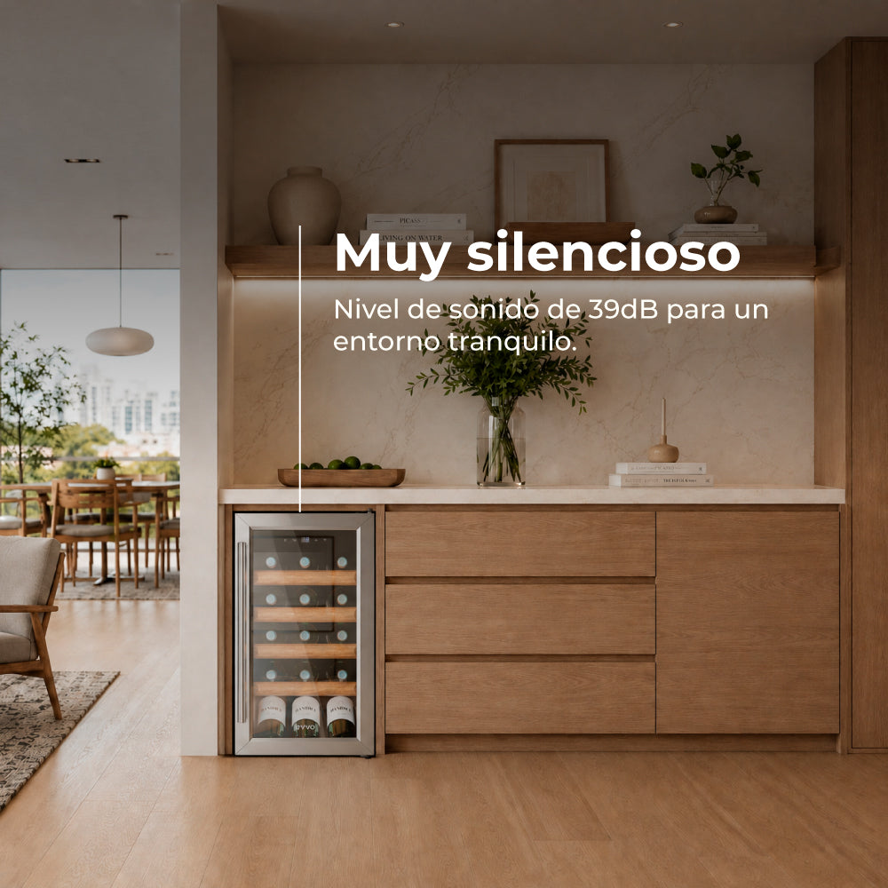 Una cantinetta per vino integrata sotto mobili in legno in una cucina moderna con testo in sovraimpressione.