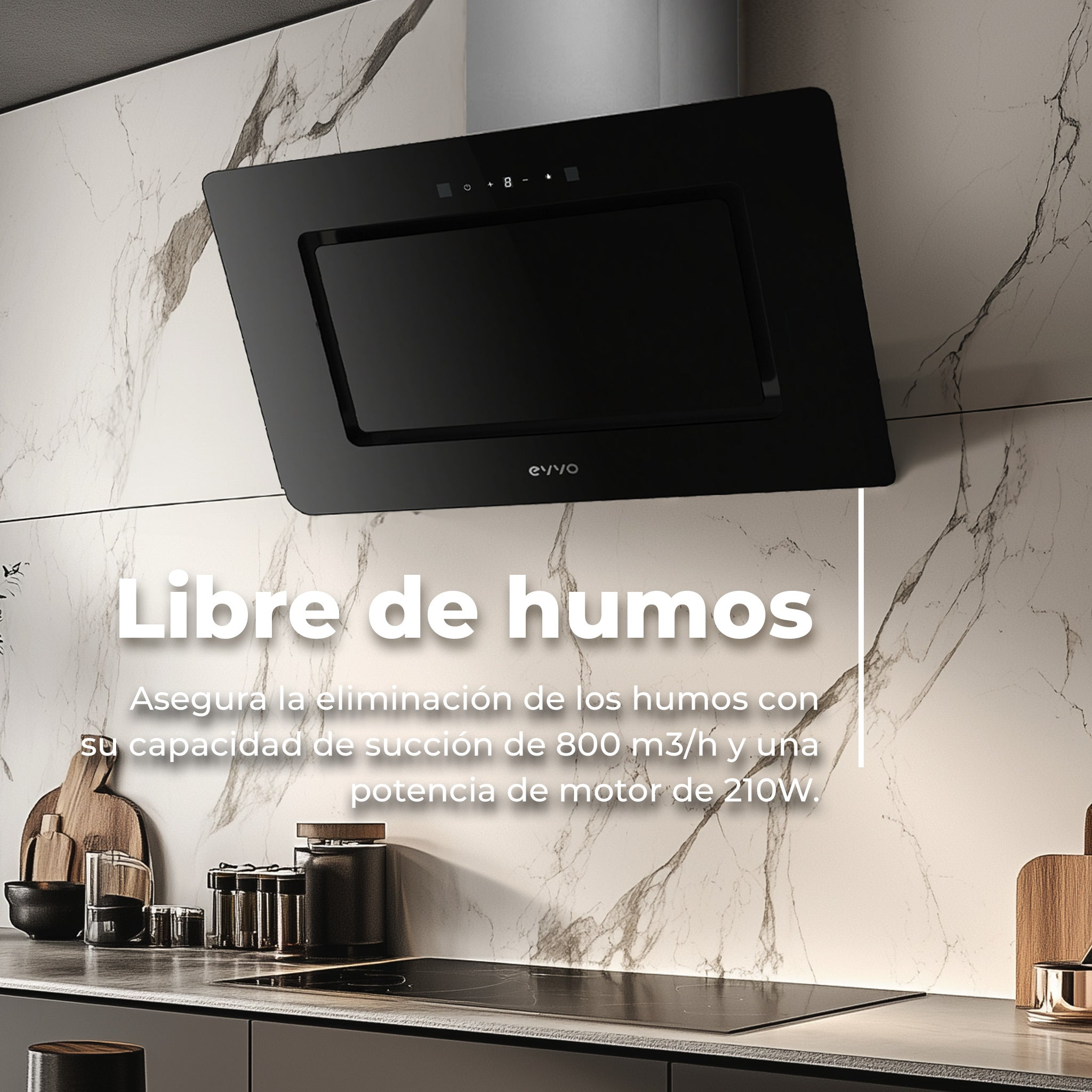 Campana extractora negra moderna sobre una placa de cocción en pared de mármol.