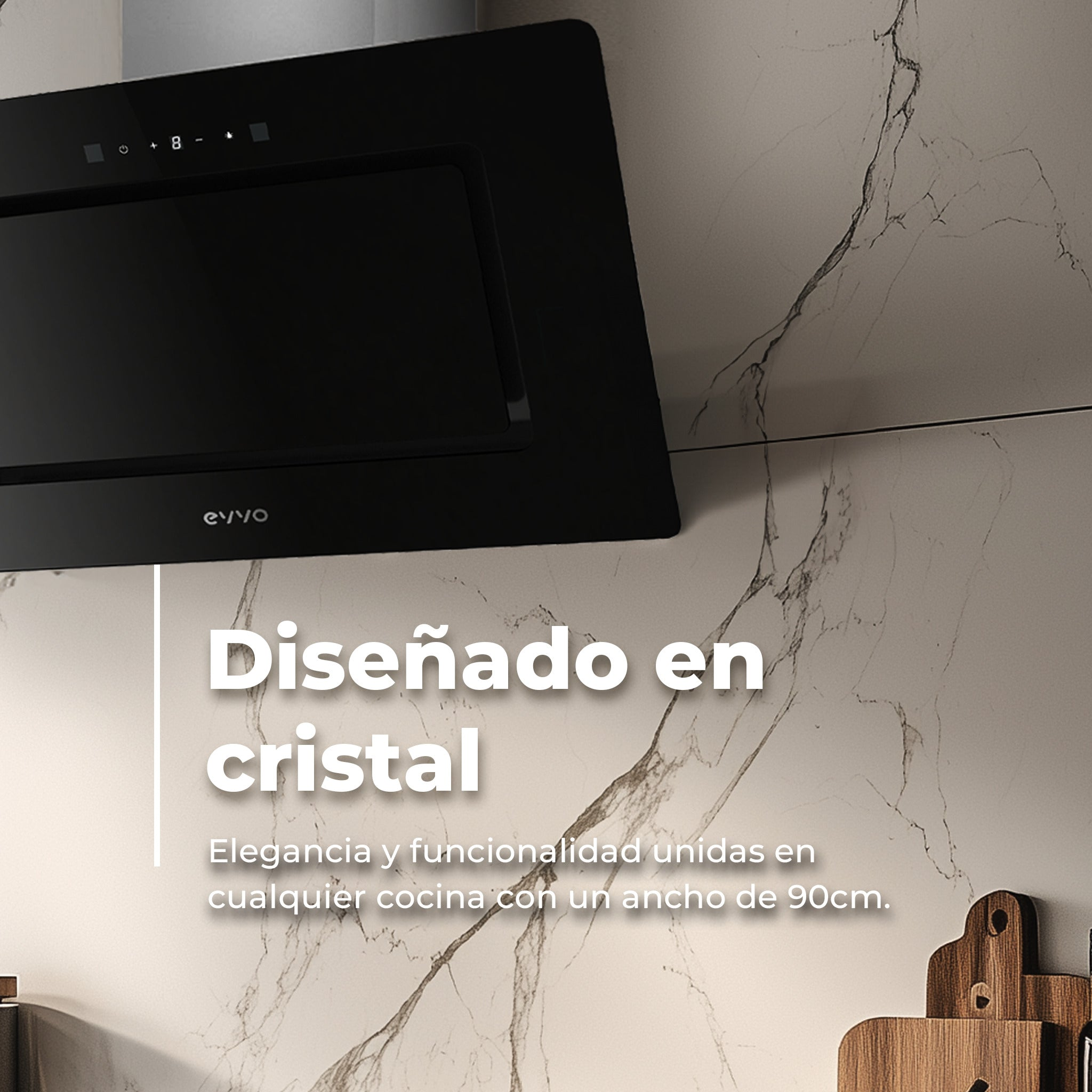 Una campana extractora de vidrio negro montada en una pared de mármol con texto promocional.