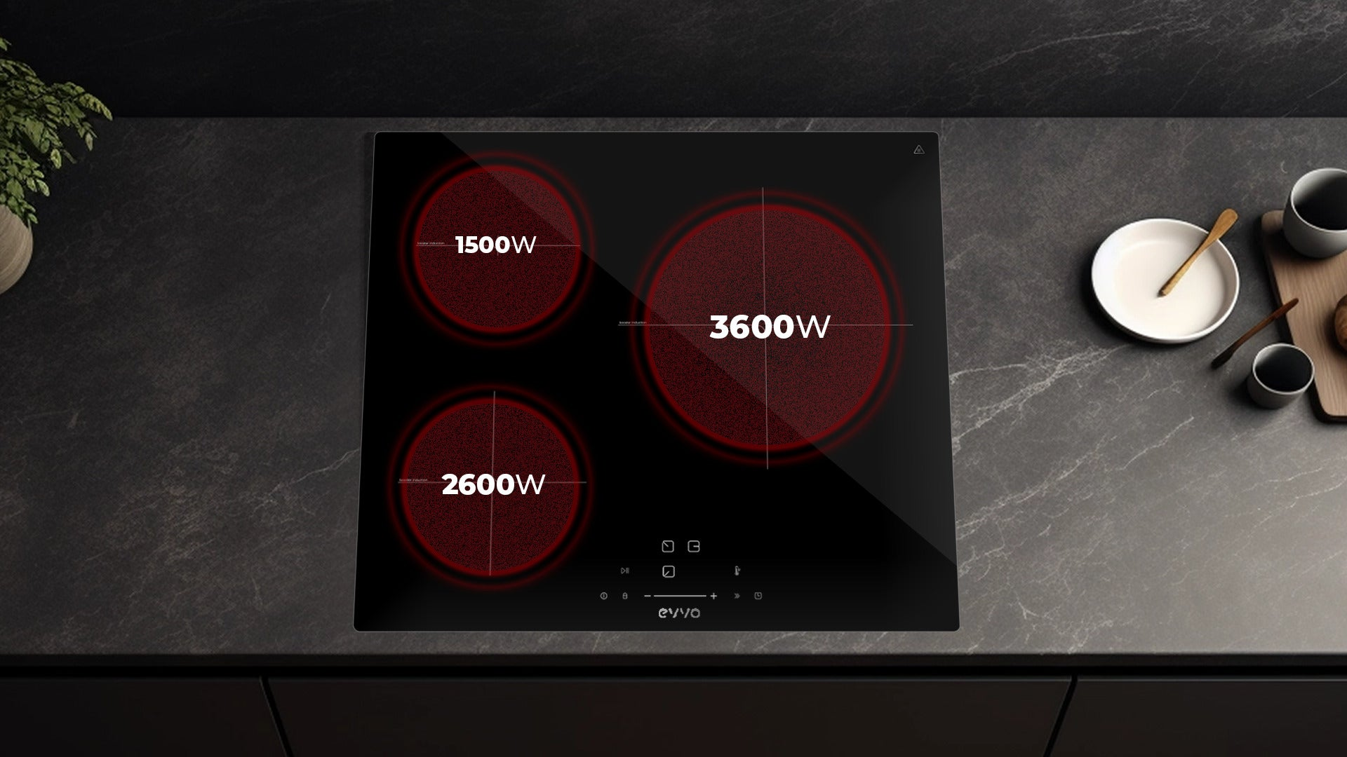 Una placa de inducción negra con tres quemadores rojos activos que muestran 1500W, 2600W y 3600W.