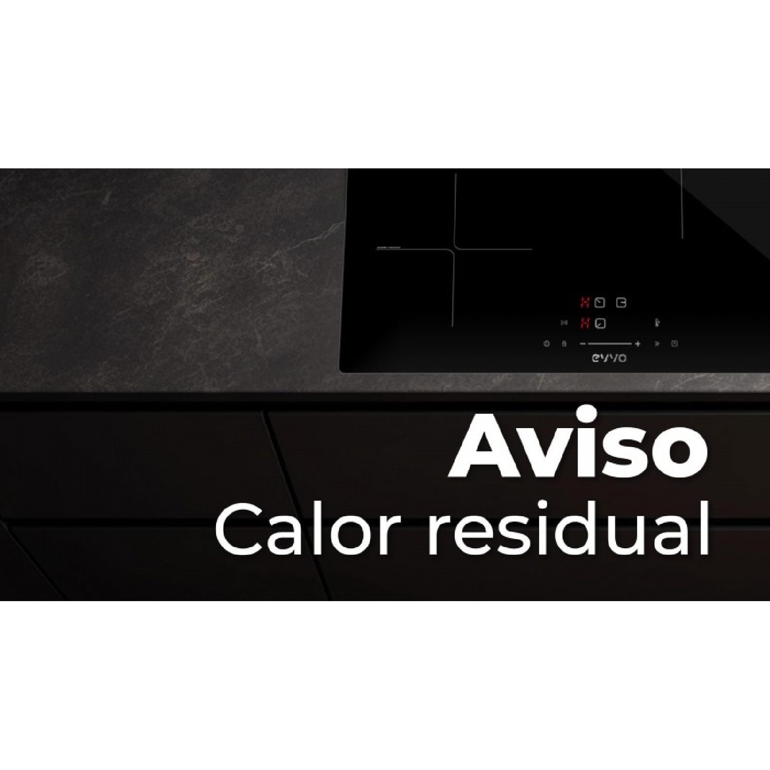 Placa de inducción negra con indicador rojo de calor residual y texto 'Aviso Calor residual'.