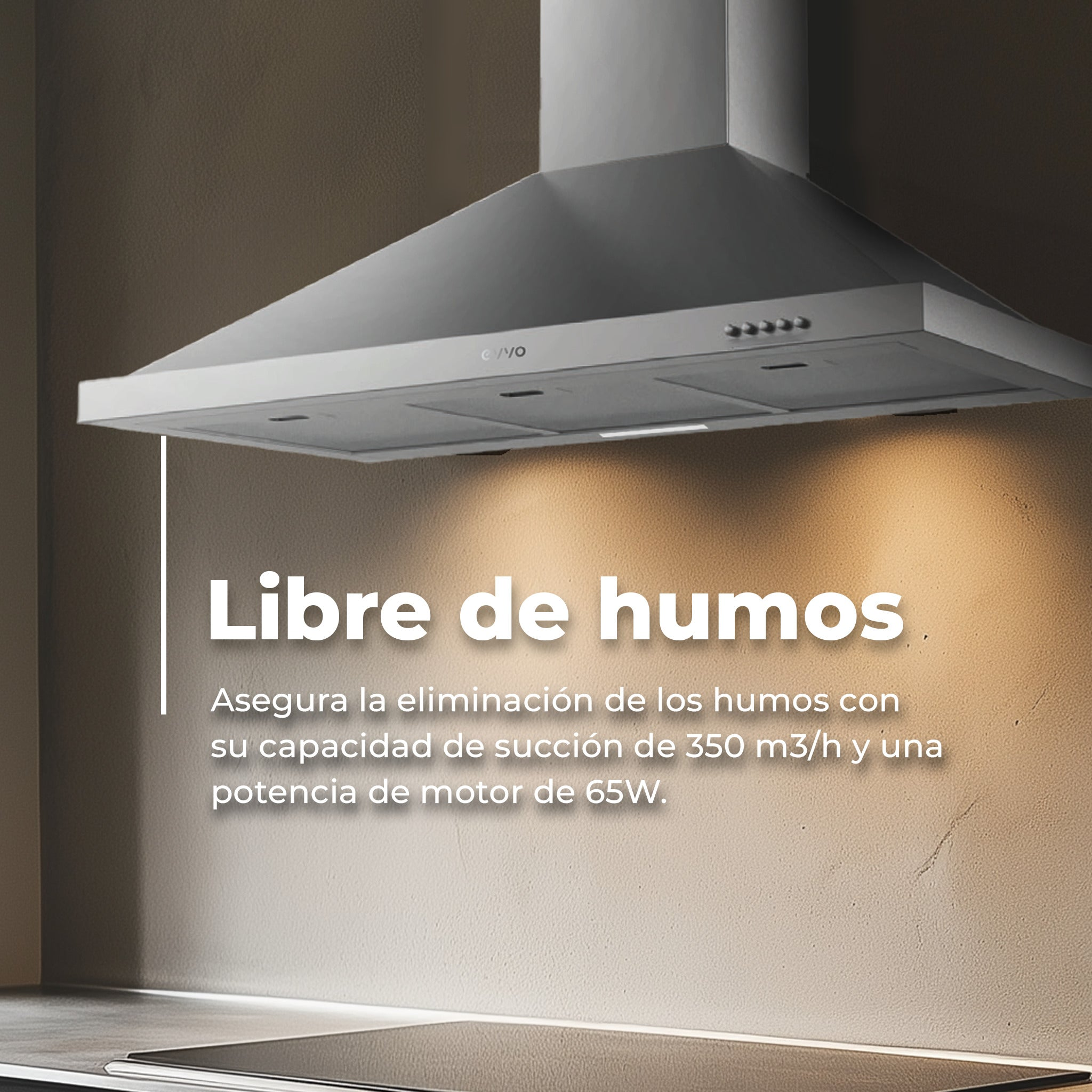 Moderna campana extractora de acero inoxidable sobre una placa, iluminada con texto superpuesto.