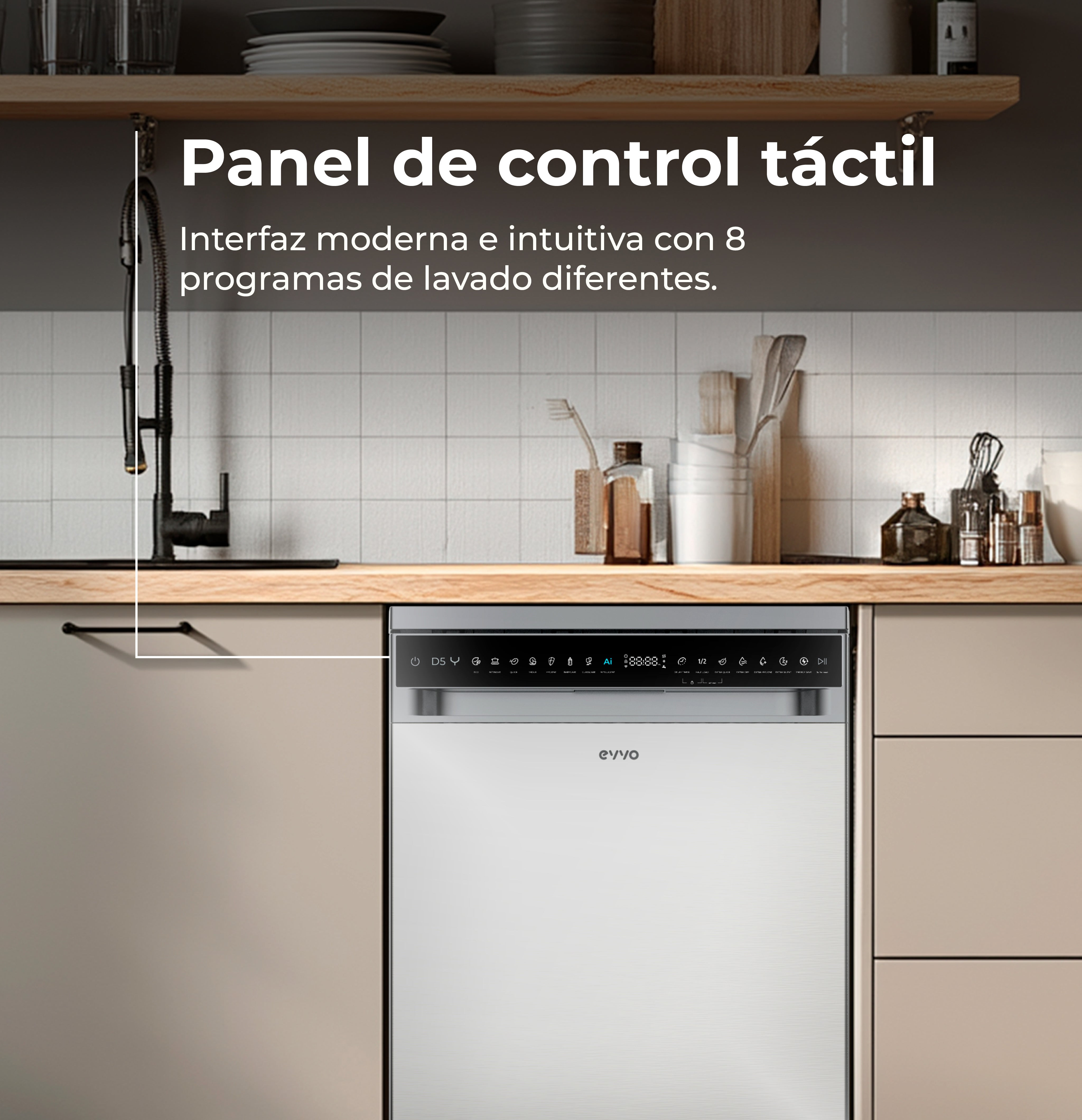 Una cocina moderna con un lavavajillas plateado integrado con panel de control táctil y texto superpuesto.