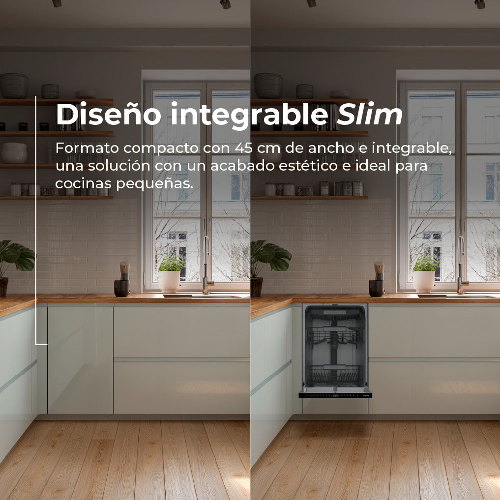 Vista partida de una cocina con un lavavajillas slim integrable.