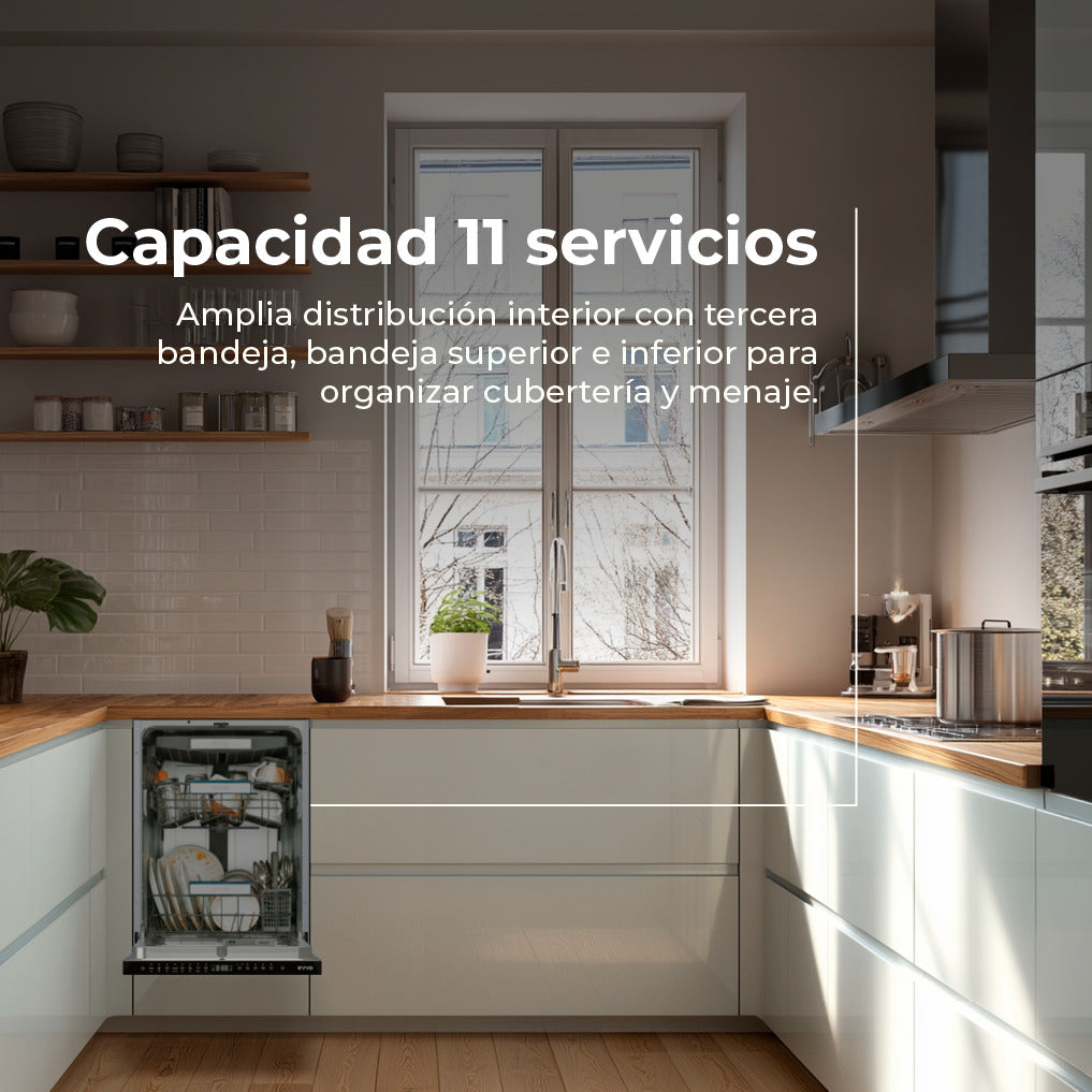 Cocina moderna con lavavajillas integrado, encimeras de madera y texto sobre capacidad y organización.