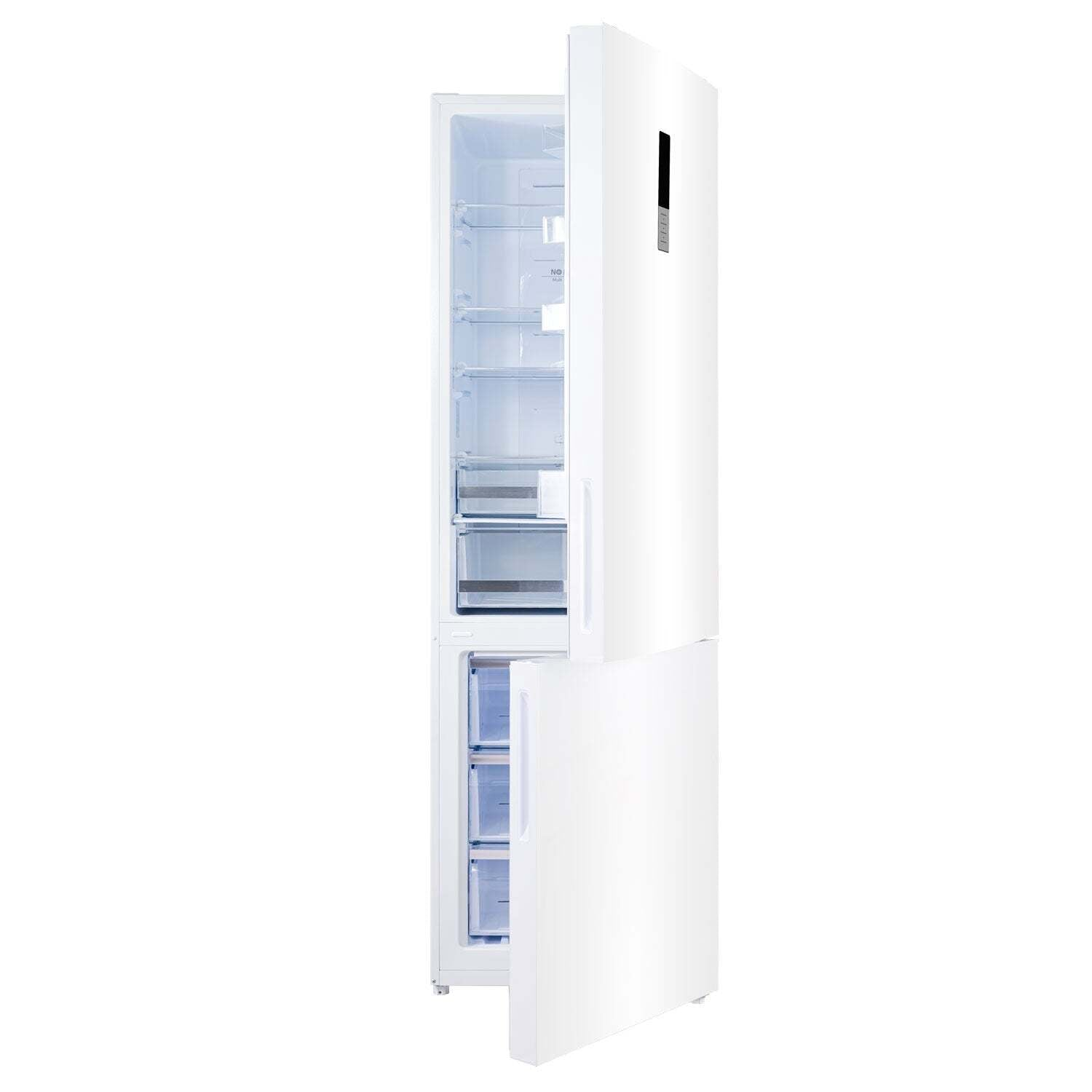 Un refrigerador independiente blanco con las puertas abiertas, mostrando estantes interiores y cajones transparentes.