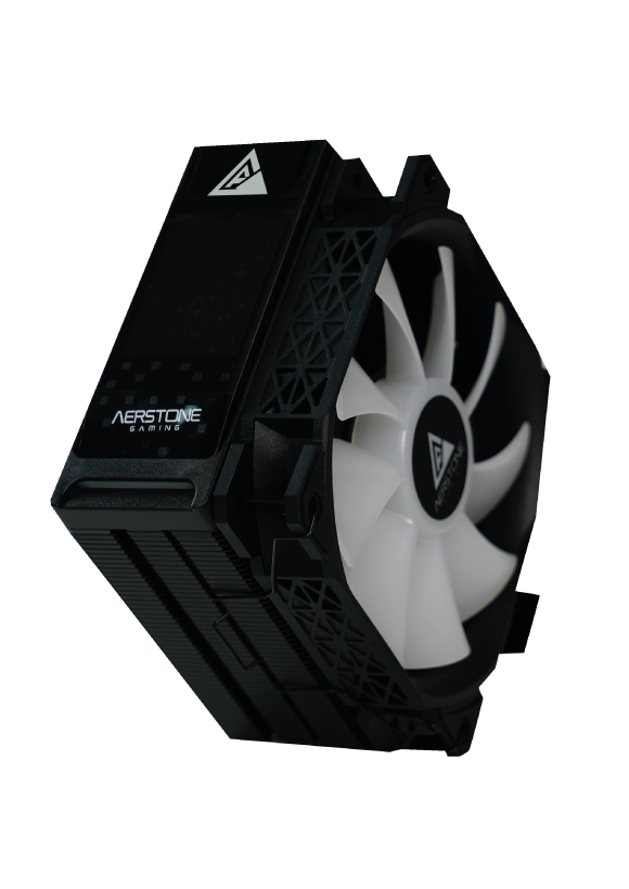 Beyaz arka planda beyaz fanlı ve ekranlı siyah Aerstone Gaming CPU soğutucu.