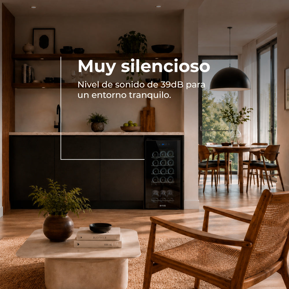 Cocina moderna con vinoteca, mesa de comedor y muebles de madera.