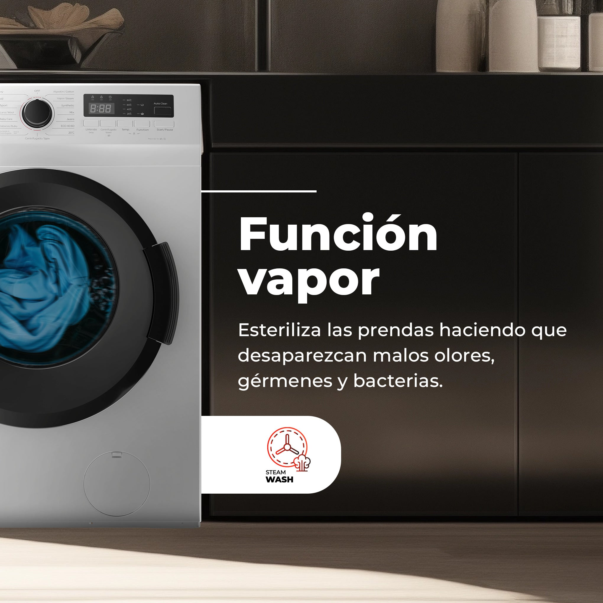 Lavadora blanca con función vapor esteriliza la ropa y elimina olores.