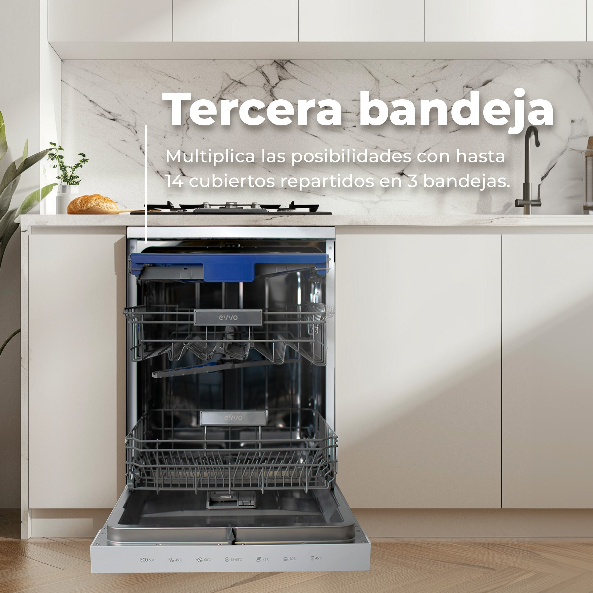 Un lavavajillas empotrado abierto en una cocina moderna con muebles blancos y salpicadero de mármol.