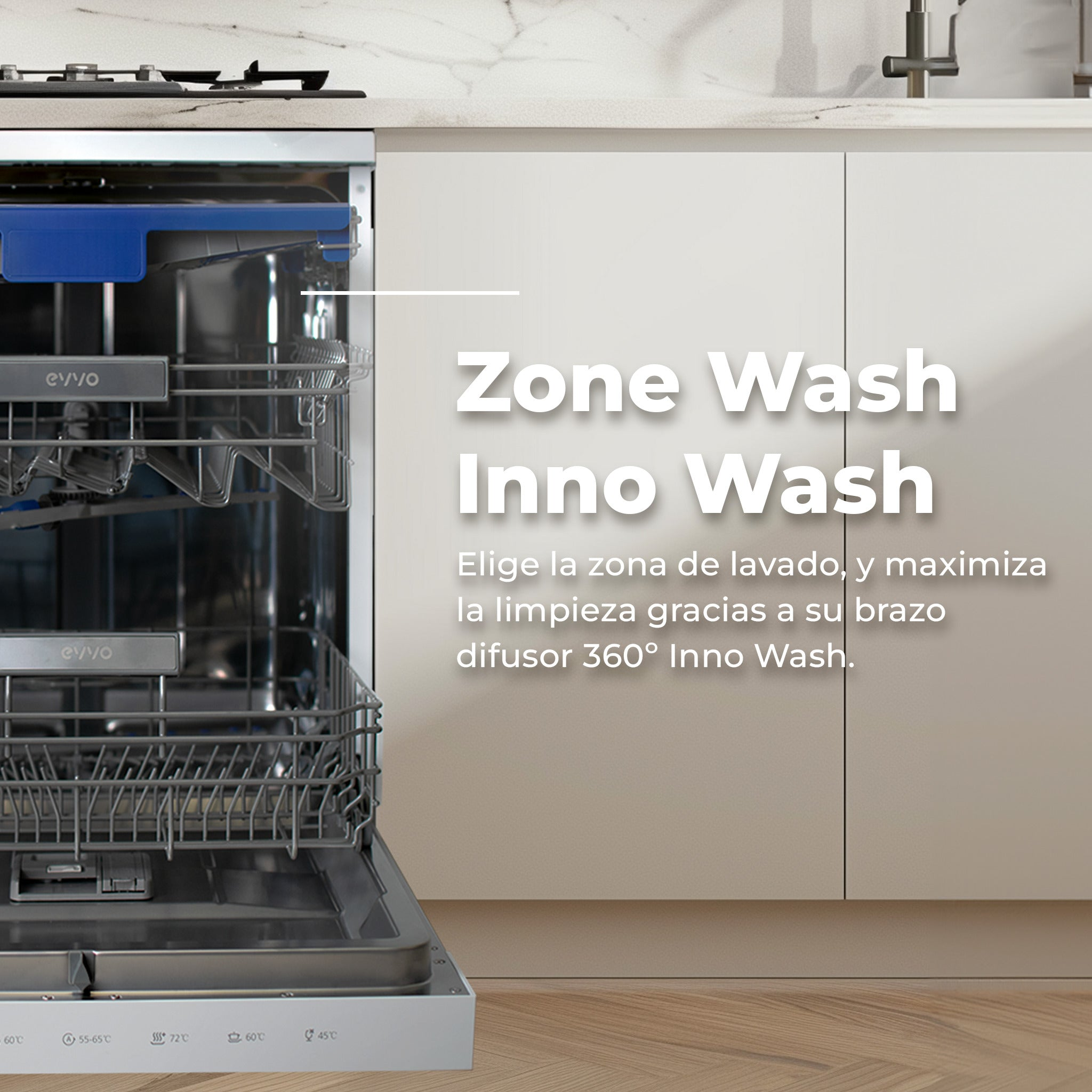Lavavajillas abierto en cocina con texto Zone Wash Inno Wash.