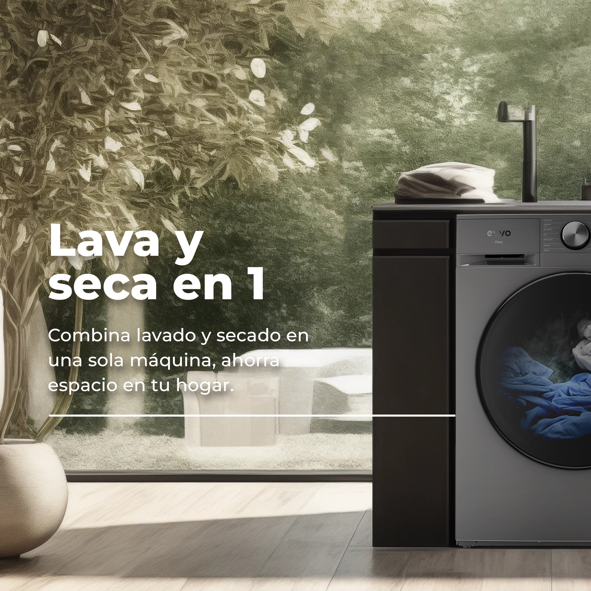 Una lavasecadora plateada en una habitación moderna con un árbol y jardín.