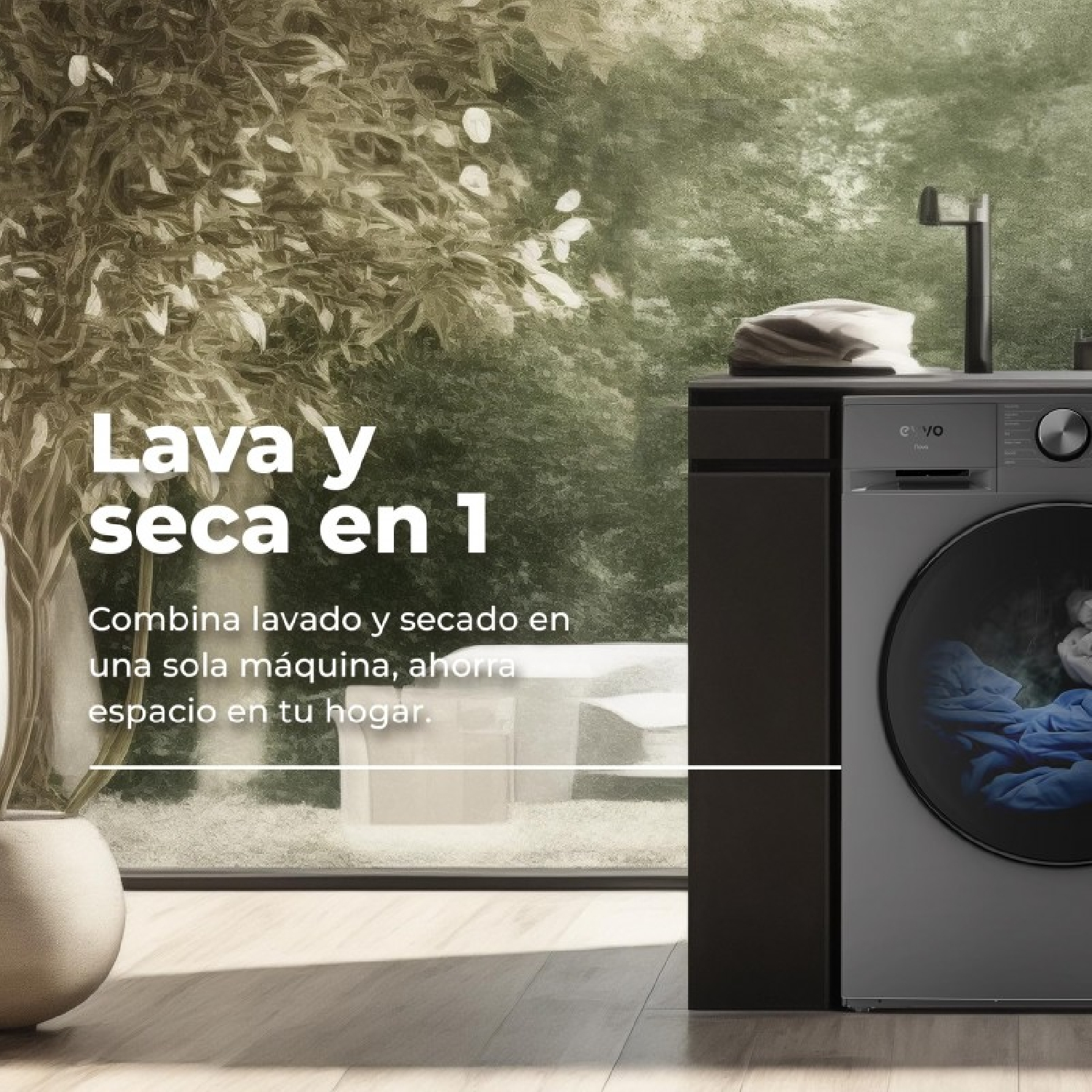 Una lavadora gris con ropa azul dentro, frente a un jardín.