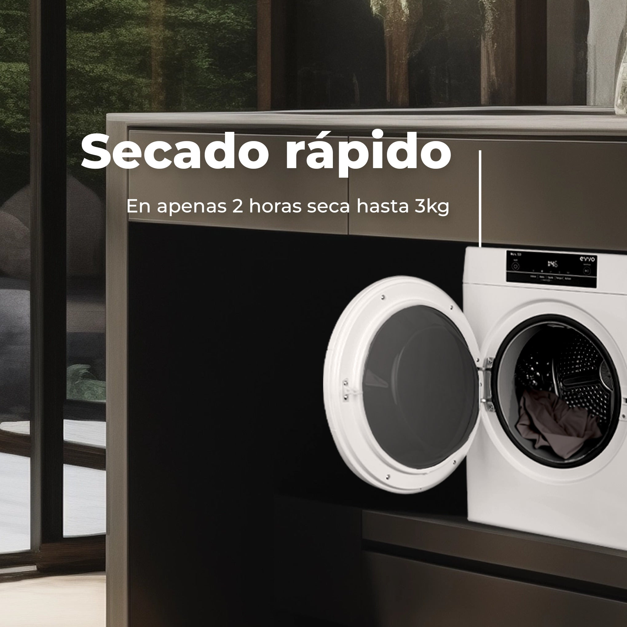 Lavadora blanca con puerta abierta en una cocina moderna con texto en español sobre secado rápido.