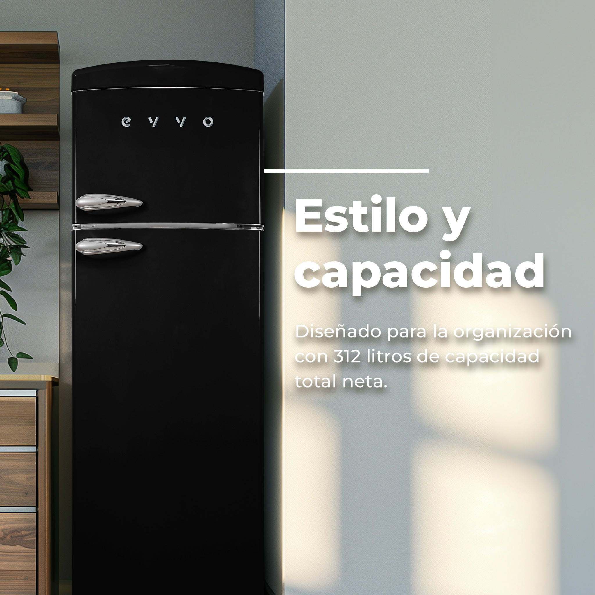 Un refrigerador retro negro brillante en una cocina junto a texto en la pared.