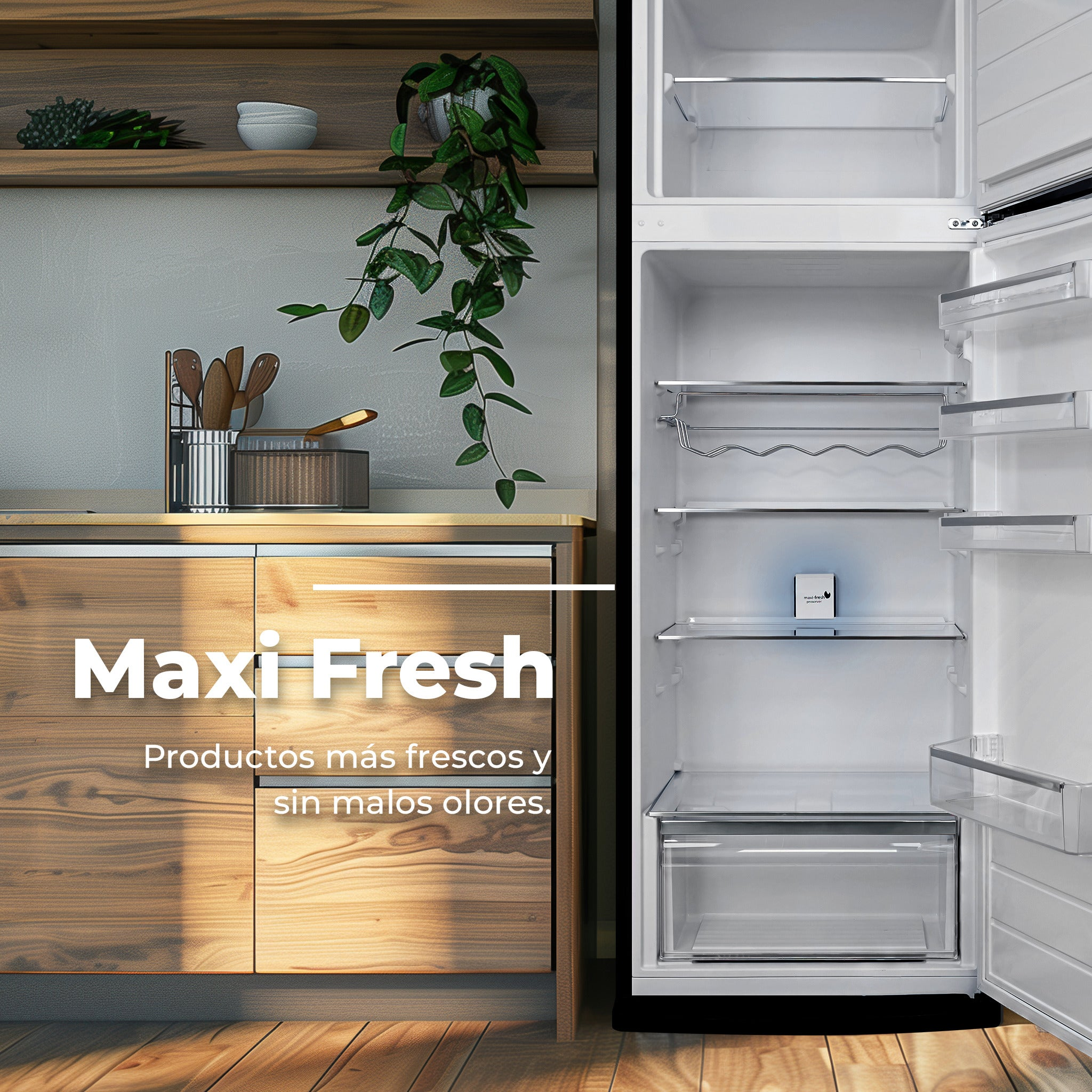 Un refrigerador blanco abierto está al lado de gabinetes de madera y estantes con plantas en una cocina.