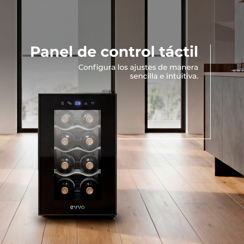 Un enfriador de vinos negro sobre piso de madera en una cocina moderna, con panel táctil y texto superpuesto.