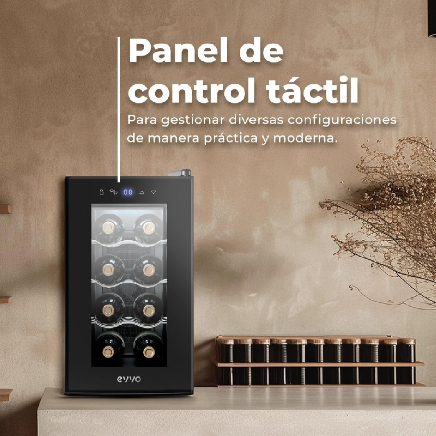 Una vinoteca negra en un mostrador con panel táctil y texto superpuesto en español.