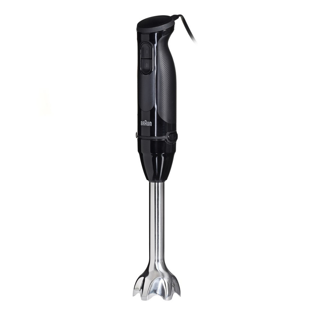 Czarny blender ręczny ze stopą ze stali nierdzewnej na białym tle.