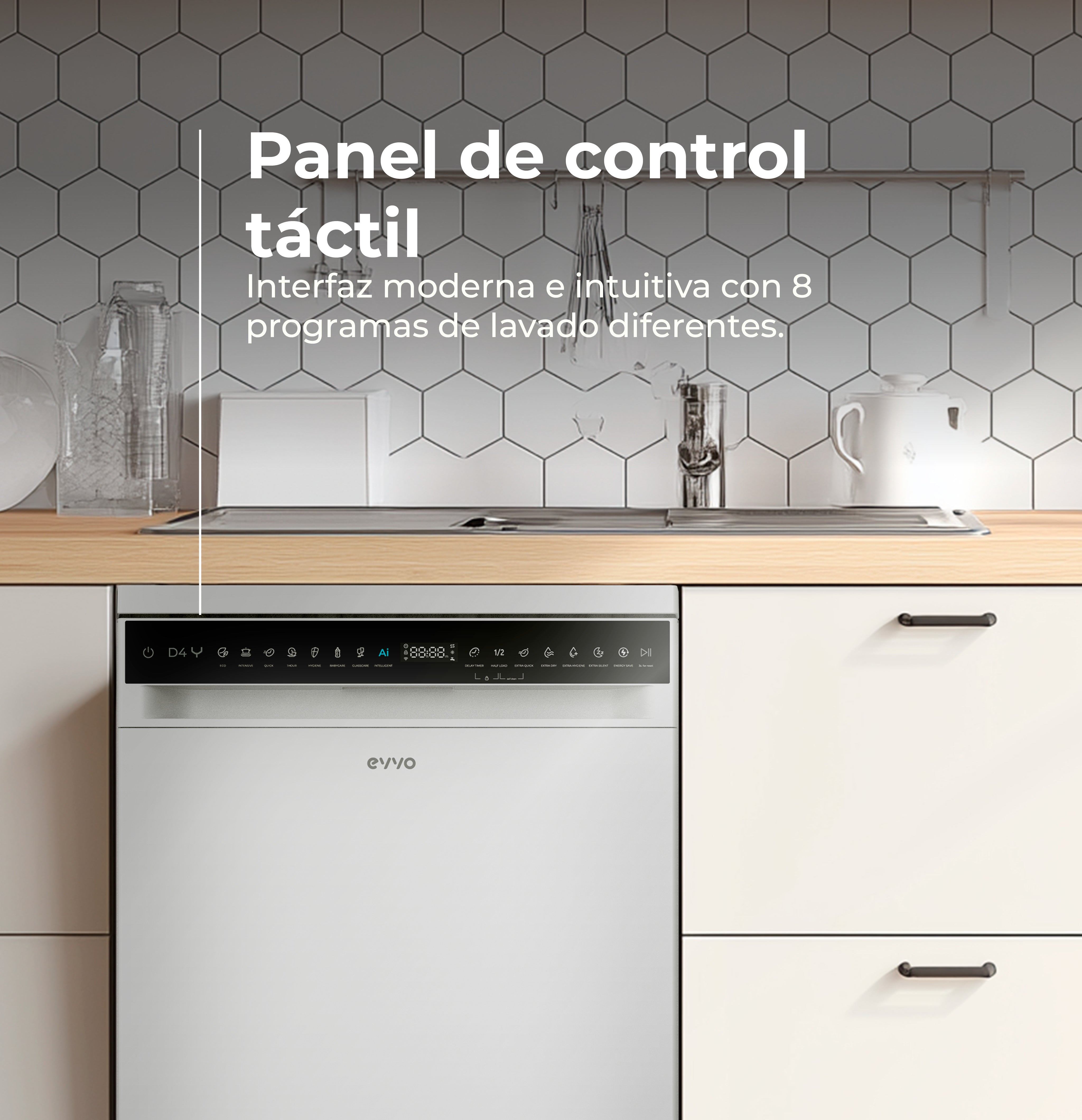 Lavavajillas blanco moderno con panel táctil en una cocina con azulejos hexagonales grises.