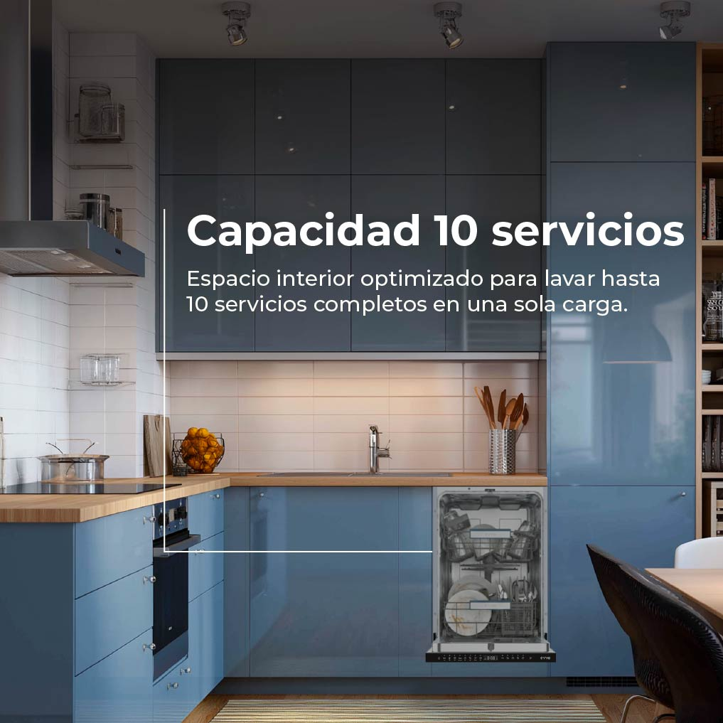 Una cocina moderna con gabinetes azules, encimeras de madera y un lavavajillas abierto con vajilla limpia.