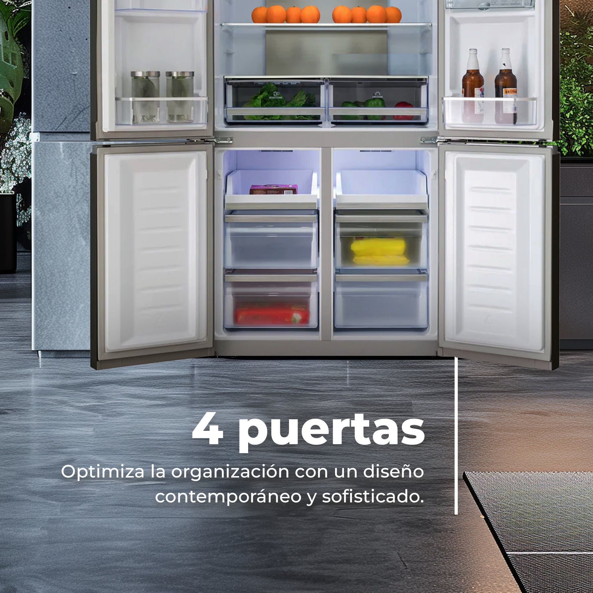 Un refrigerador de cuatro puertas abierto lleno de comida, verduras y bebidas, mostrando su interior organizado.
