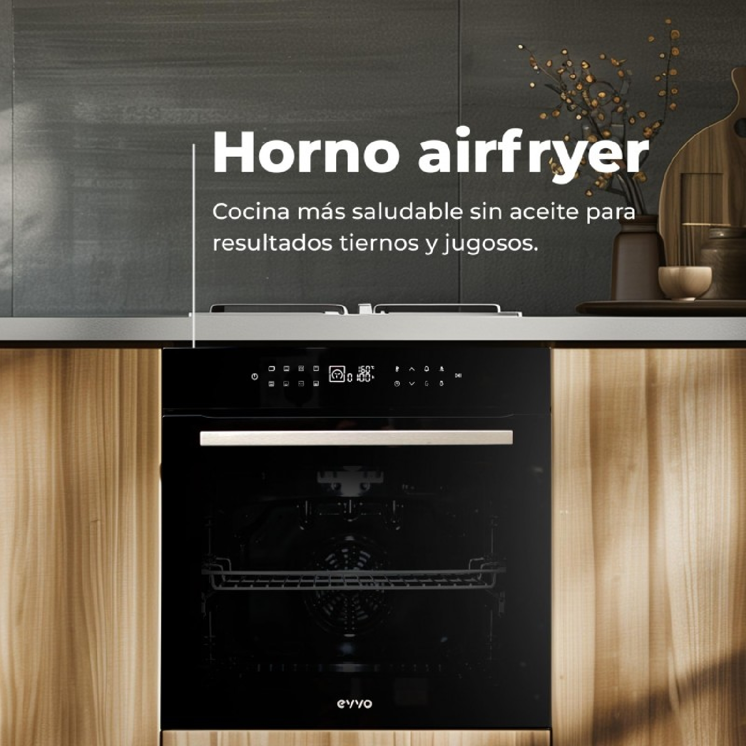 Un horno airfryer negro instalado en una cocina moderna con muebles de madera y pared oscura.