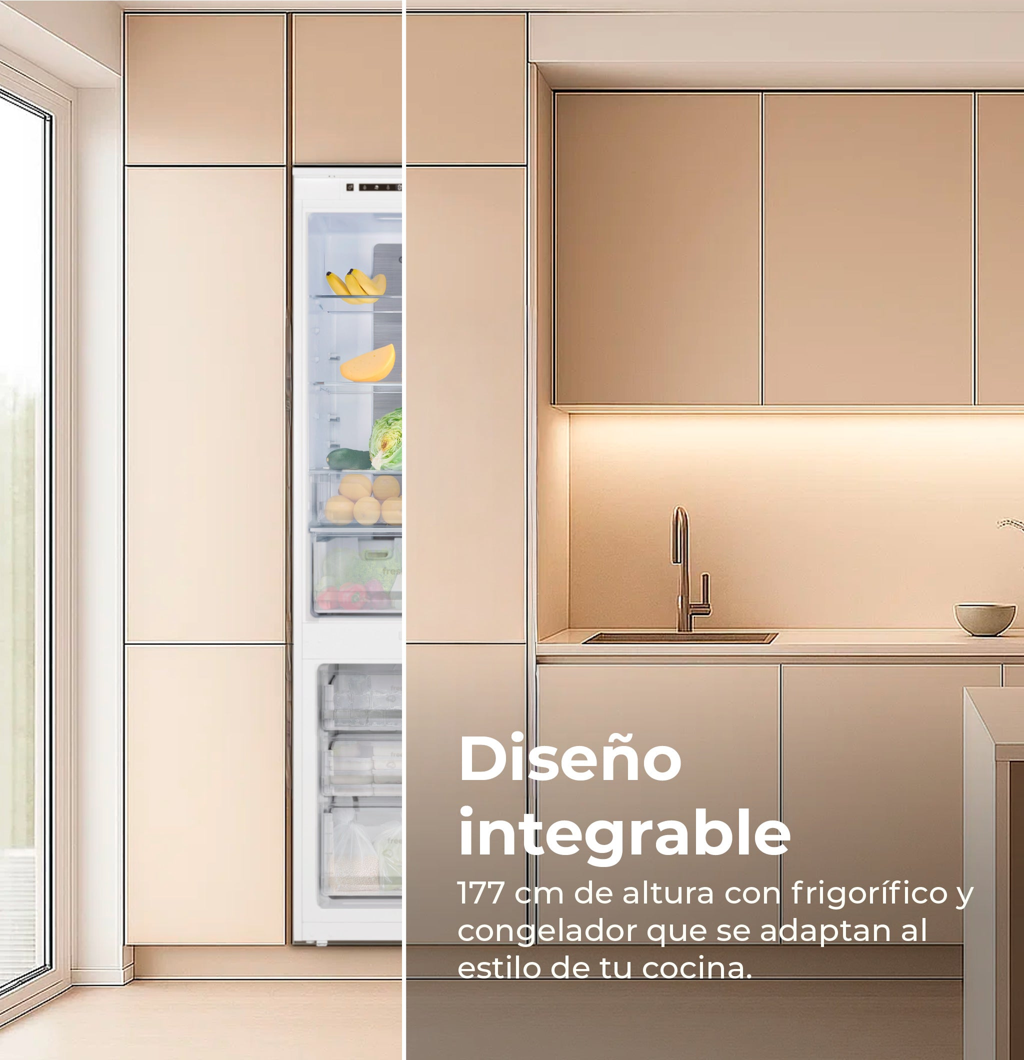 Frigorífico integrable en cocina moderna beige con muebles elegantes y fregadero.