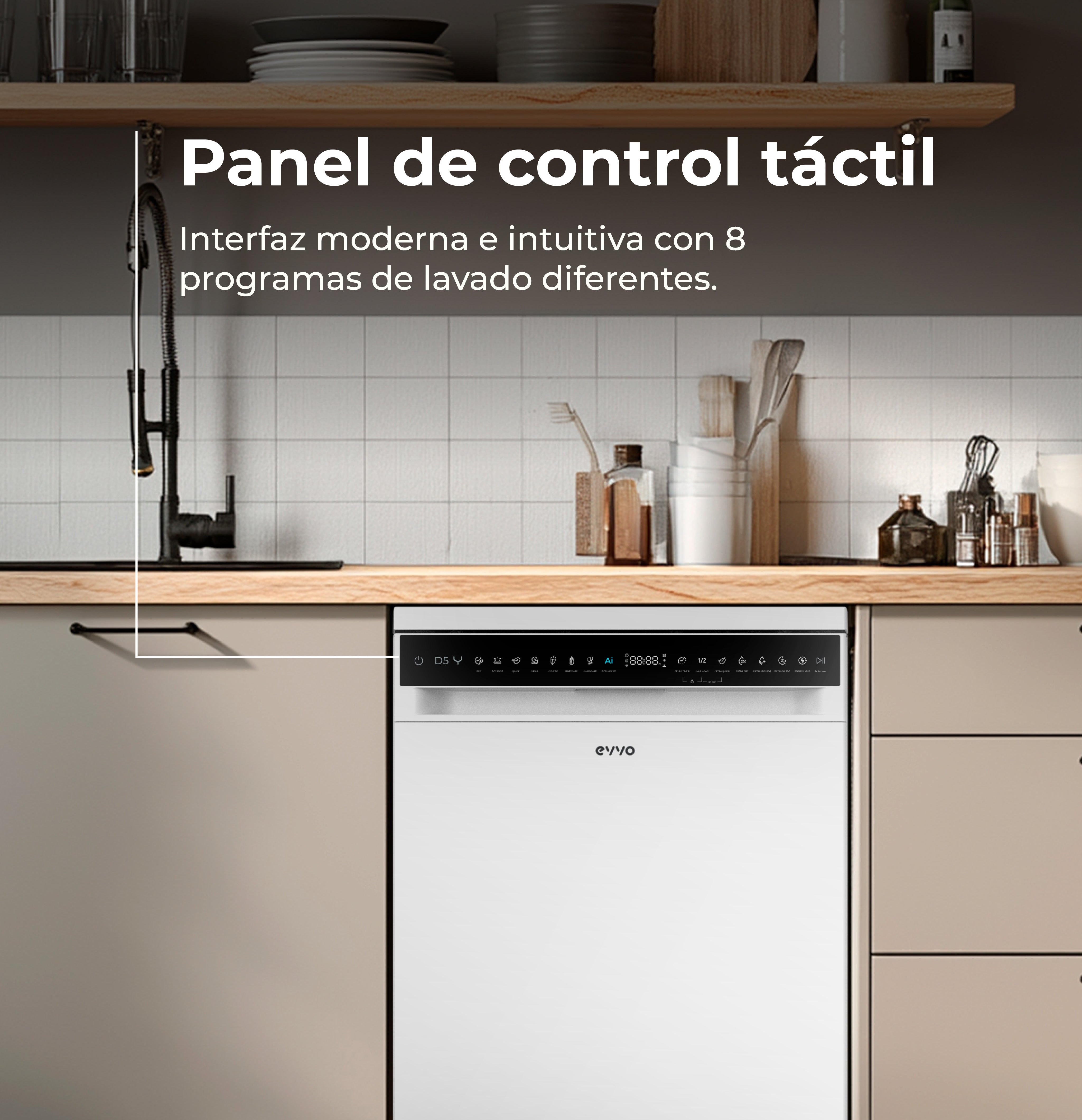 Lavavajillas blanco bajo encimera de madera con panel táctil.