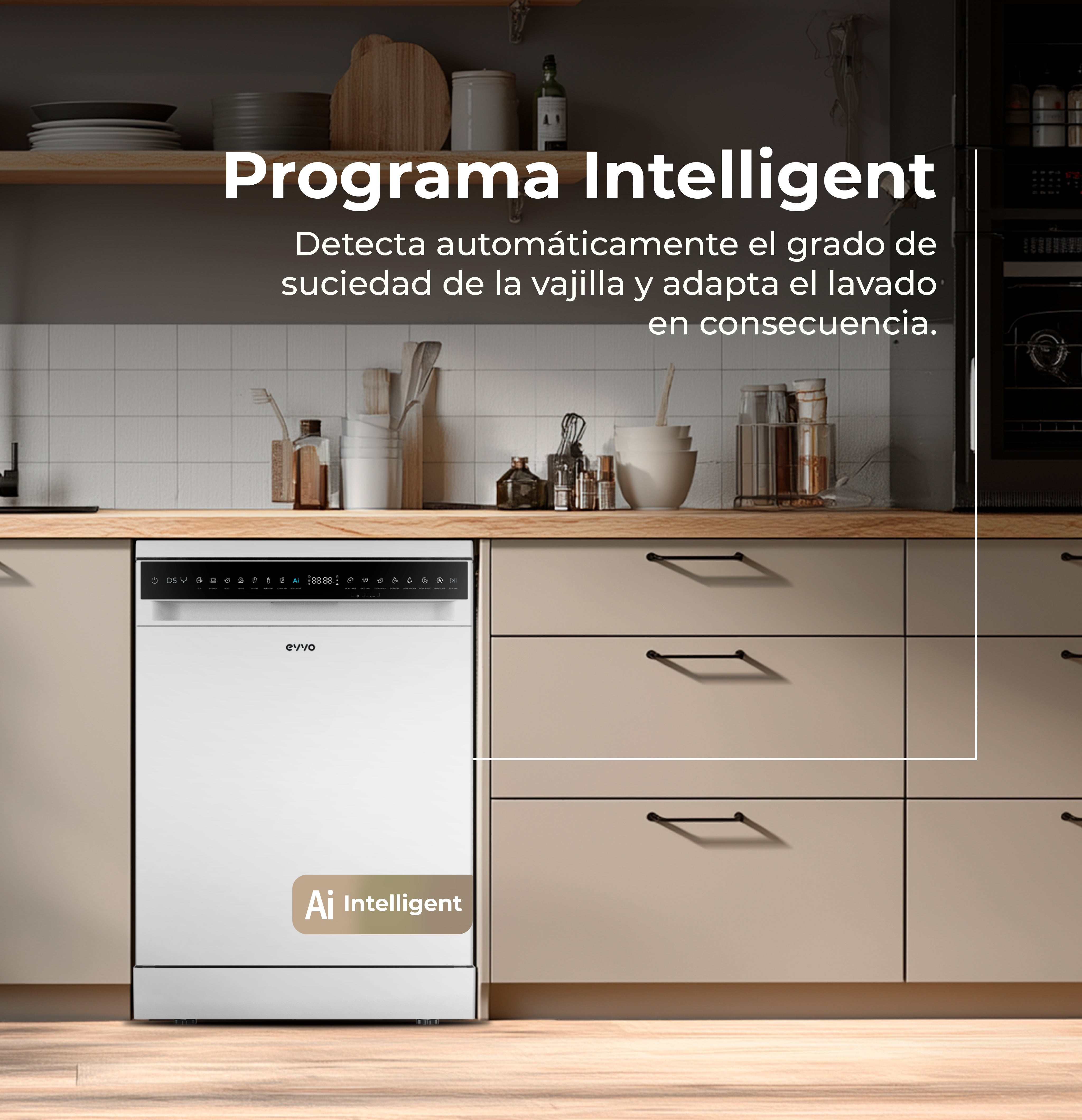 Un lavavajillas blanco con programa inteligente en una cocina moderna con gabinetes de madera.