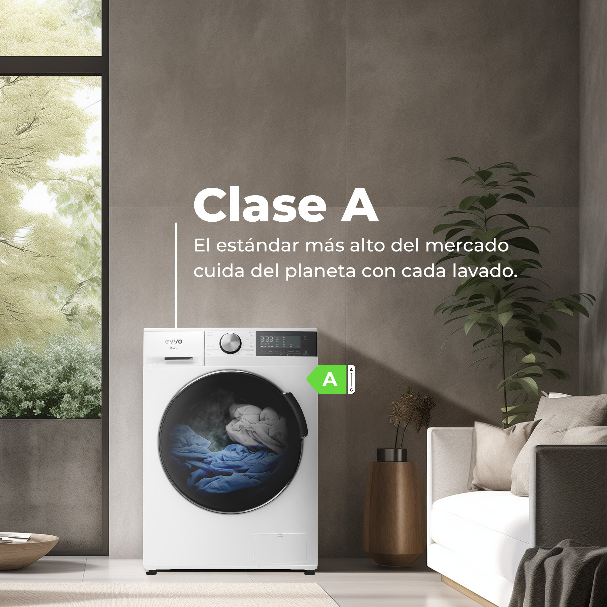 Una lavadora blanca con calificación energética A está en un espacio habitable moderno y luminoso.