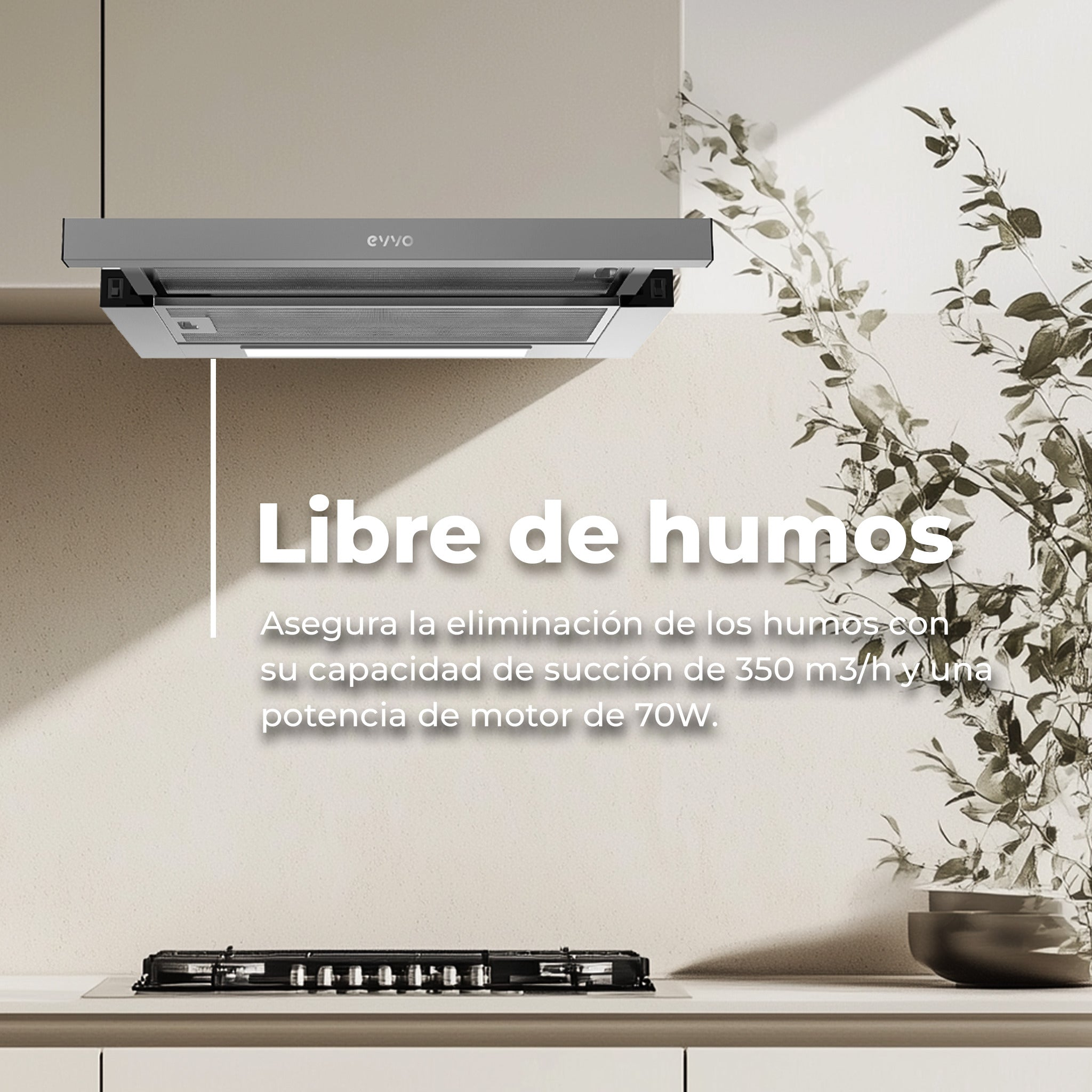 Una campana extractora moderna sobre una estufa de gas con texto publicitario.