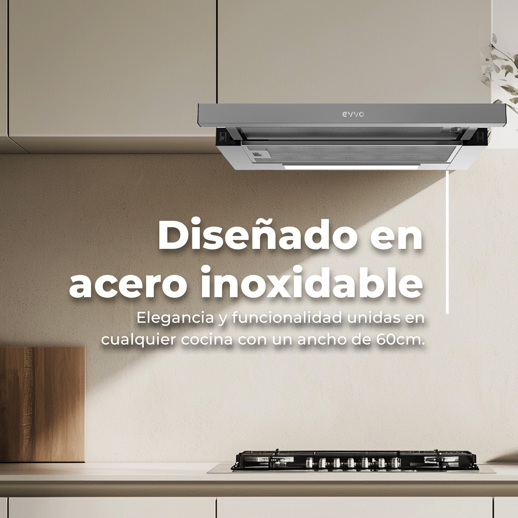 Una campana extractora de acero inoxidable bajo gabinetes con texto sobre su diseño.